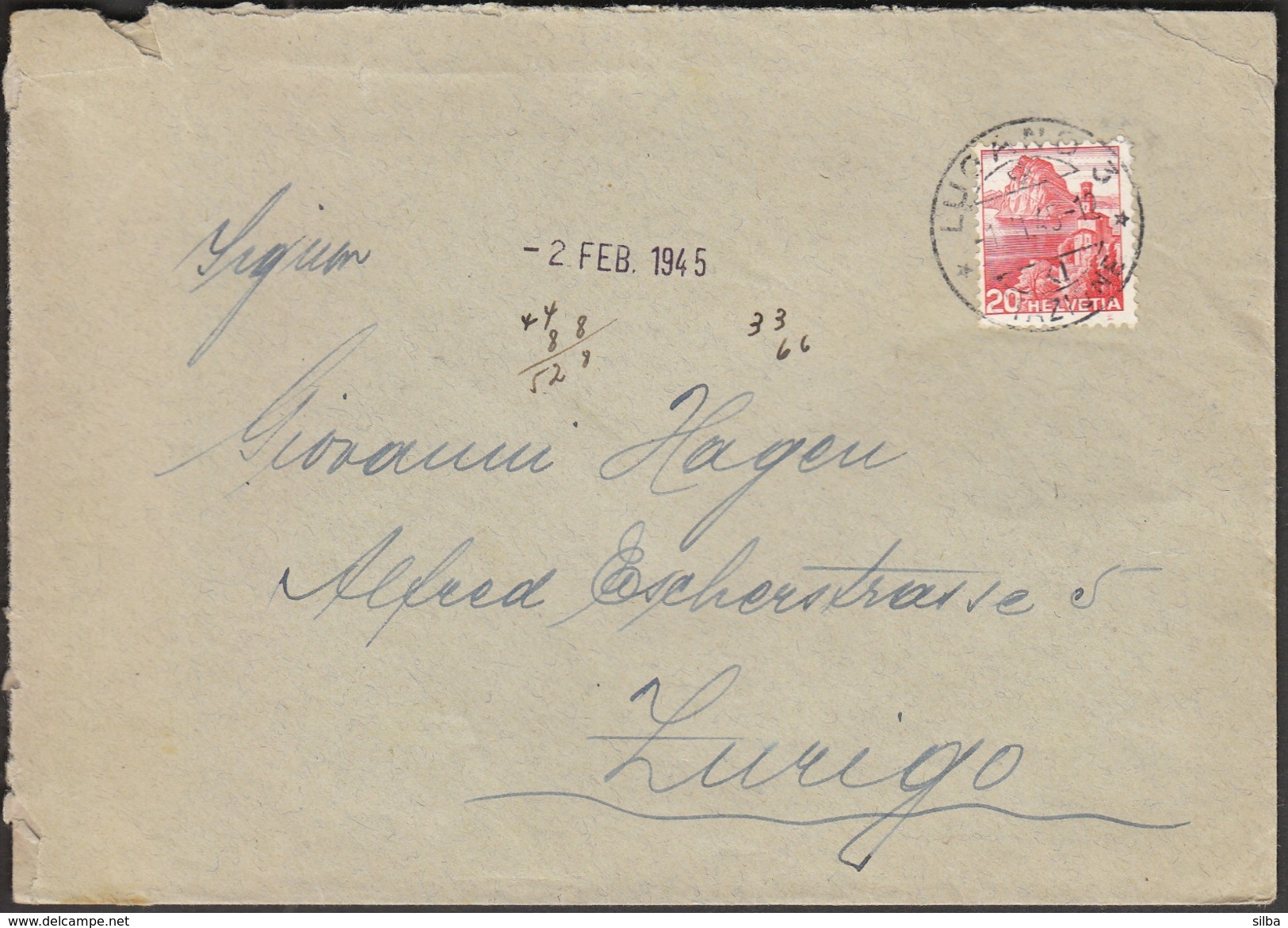 Switzerland Lugano  1. 2. 1945 - Lettres & Documents