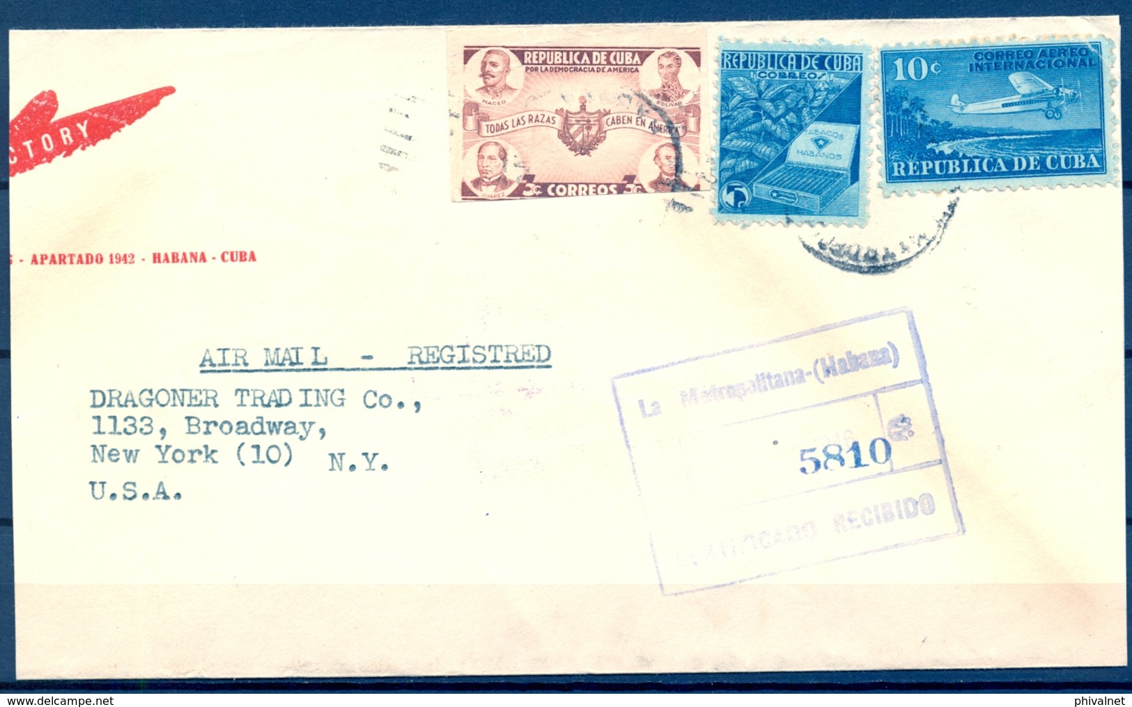 CUBA 1946 , HABANA - LA METROPOLITANA - NUEVA YORK , SOBRE CERTIFICADO , TRANSITOS Y LLEGADA - Covers & Documents