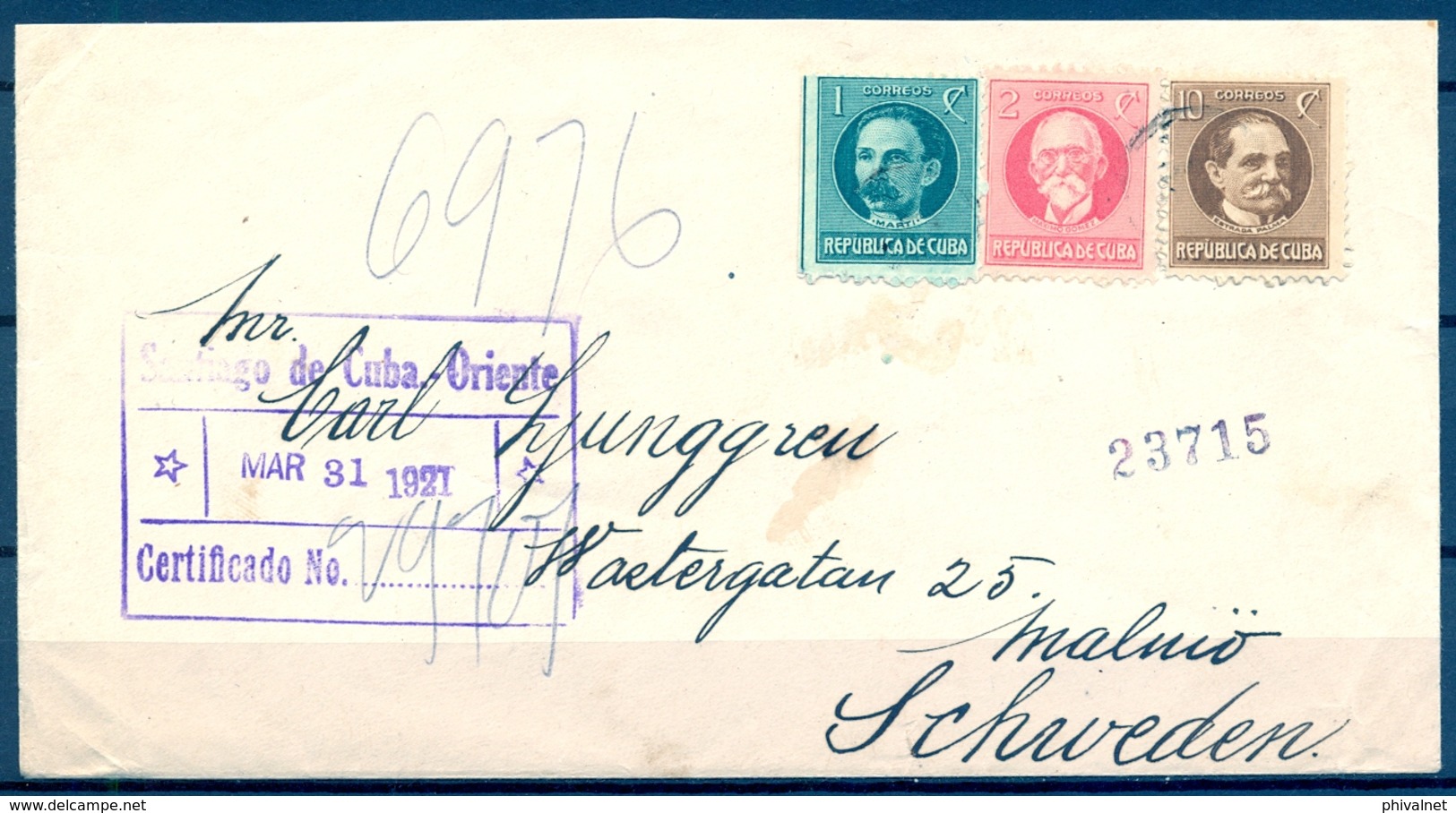 CUBA 1921 , CERTIFICADO DE SANTIAGO A MALMÖ ( SUECIA ) . - Storia Postale