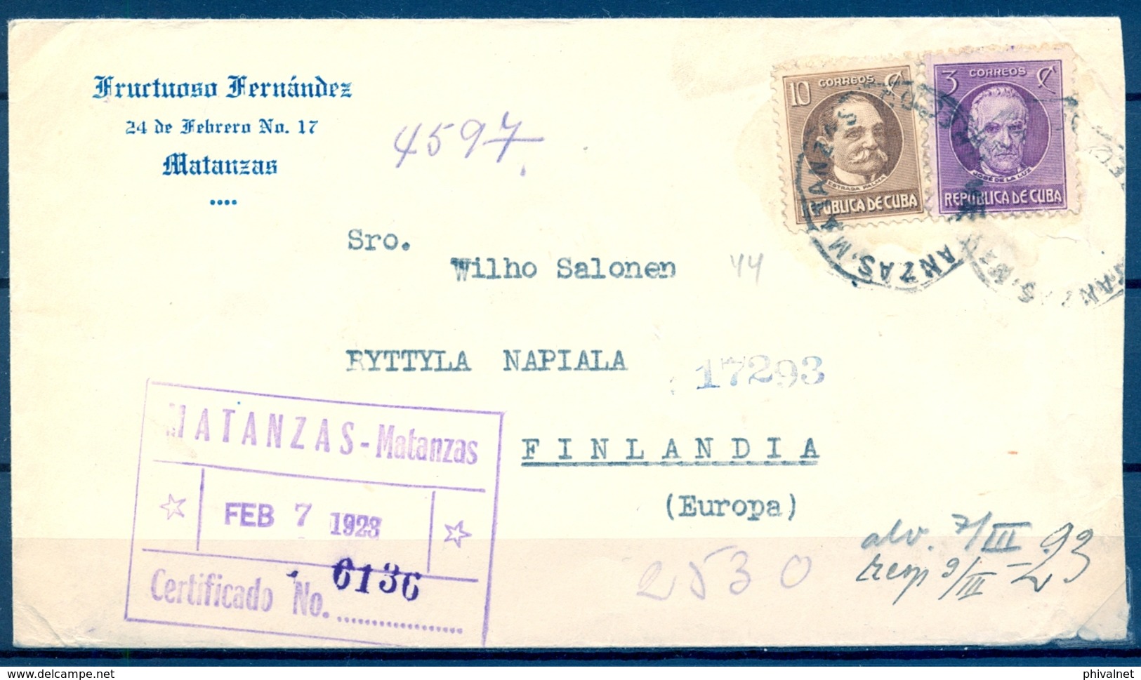 CUBA 1923 , CERTIFICADO DE MATANZAS A RYTTYLA ( FINLANDIA ) , TRANSITO DE NUEVA YORK , LLEGADA - Lettres & Documents