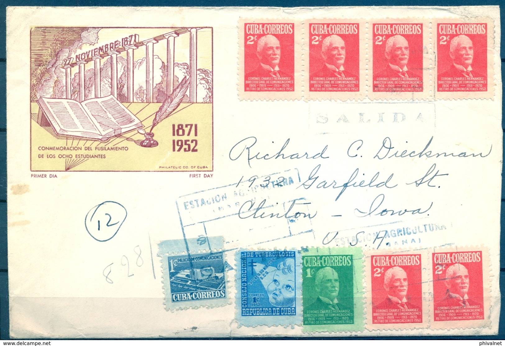 CUBA 1952 , ESTACION AGRICULTURA ( LA HABANA ) , SOBRE CIRCULADO A CLINTON ( IOWA ) , LLEGADA - Storia Postale