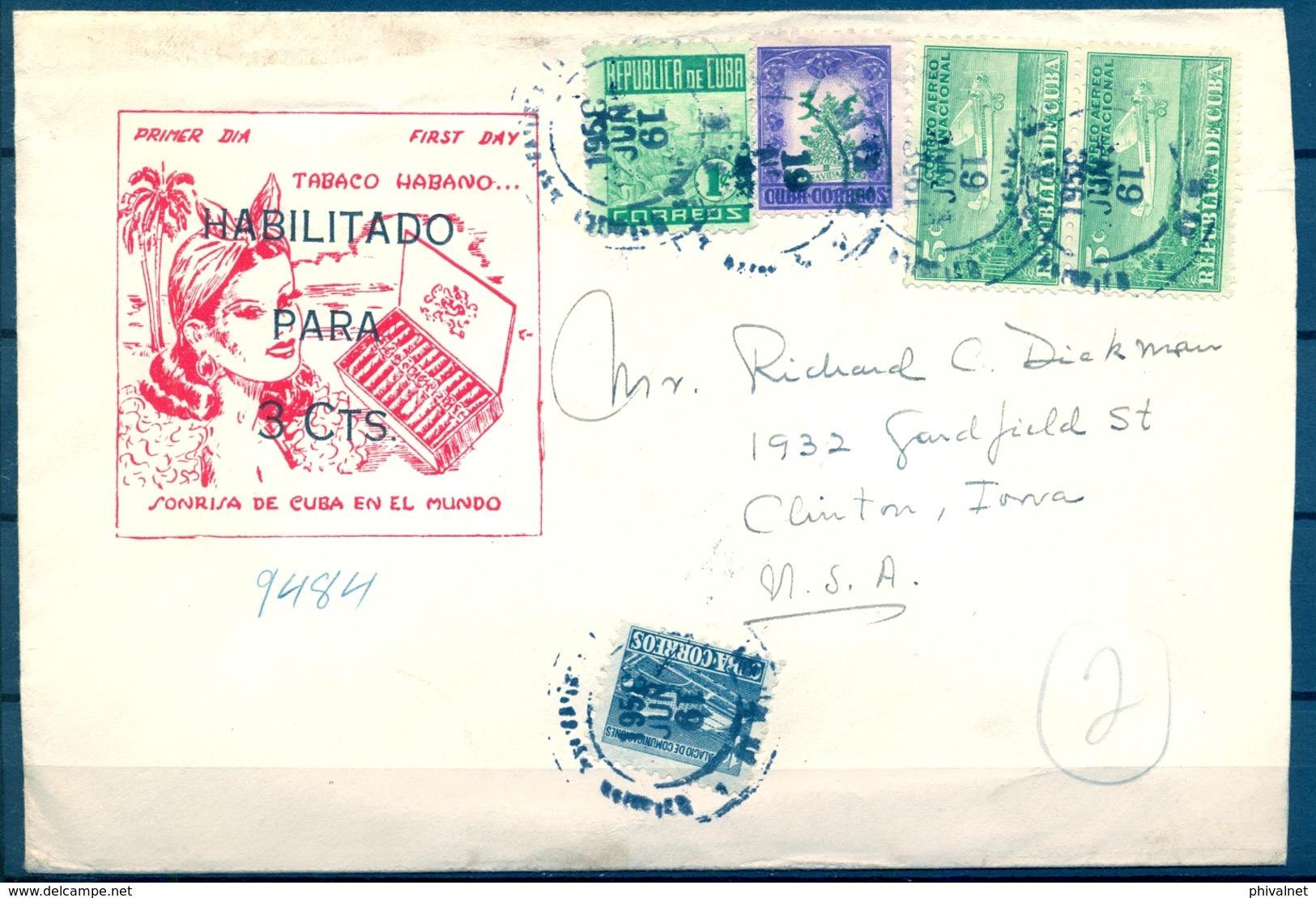 CUBA 1953 , LA HABANA  , SOBRE CIRCULADO A CLINTON ( IOWA ) , LLEGADA - Storia Postale