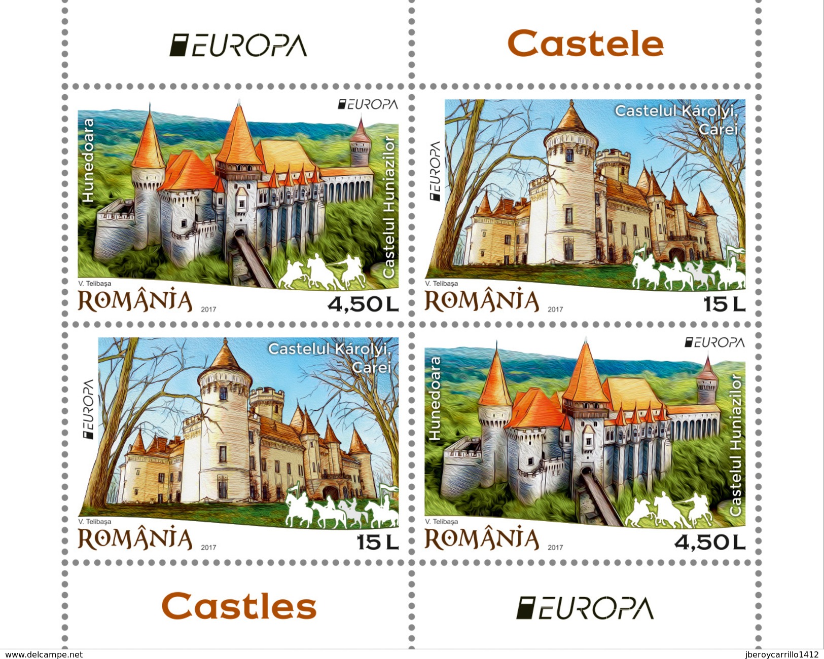 RUMANIA/ ROMANIA/ RUMÄNIEN -EUROPA-CEPT 2017.-"CASTILLOS -CASTLES -SCHLÖSSER".- SERIE + HOJITA BLOQUE Tipo 1 - 2017