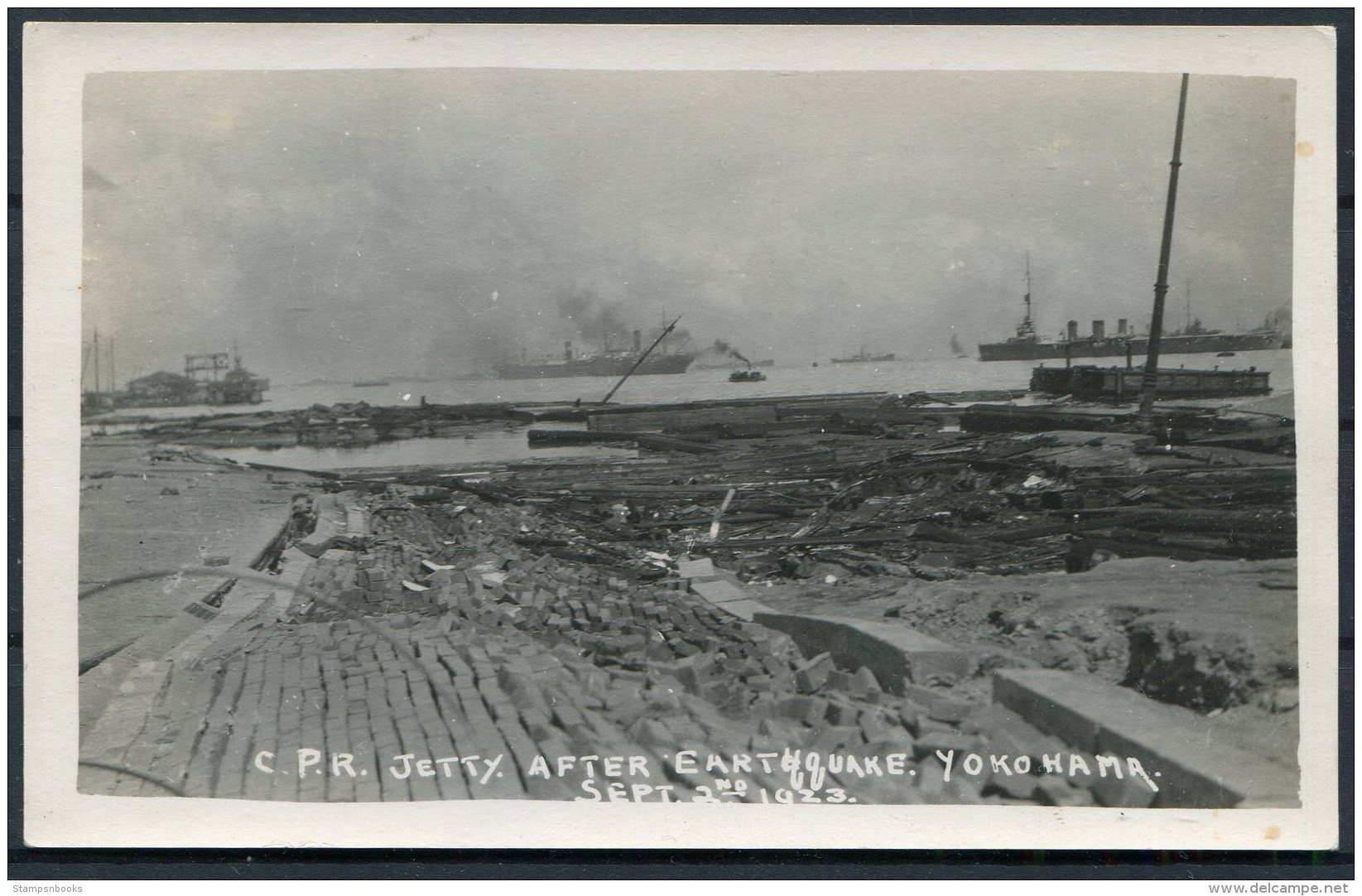 1923 Japan Yokohama Earthquake RP Postcard. C.P.R. Jetty - Yokohama