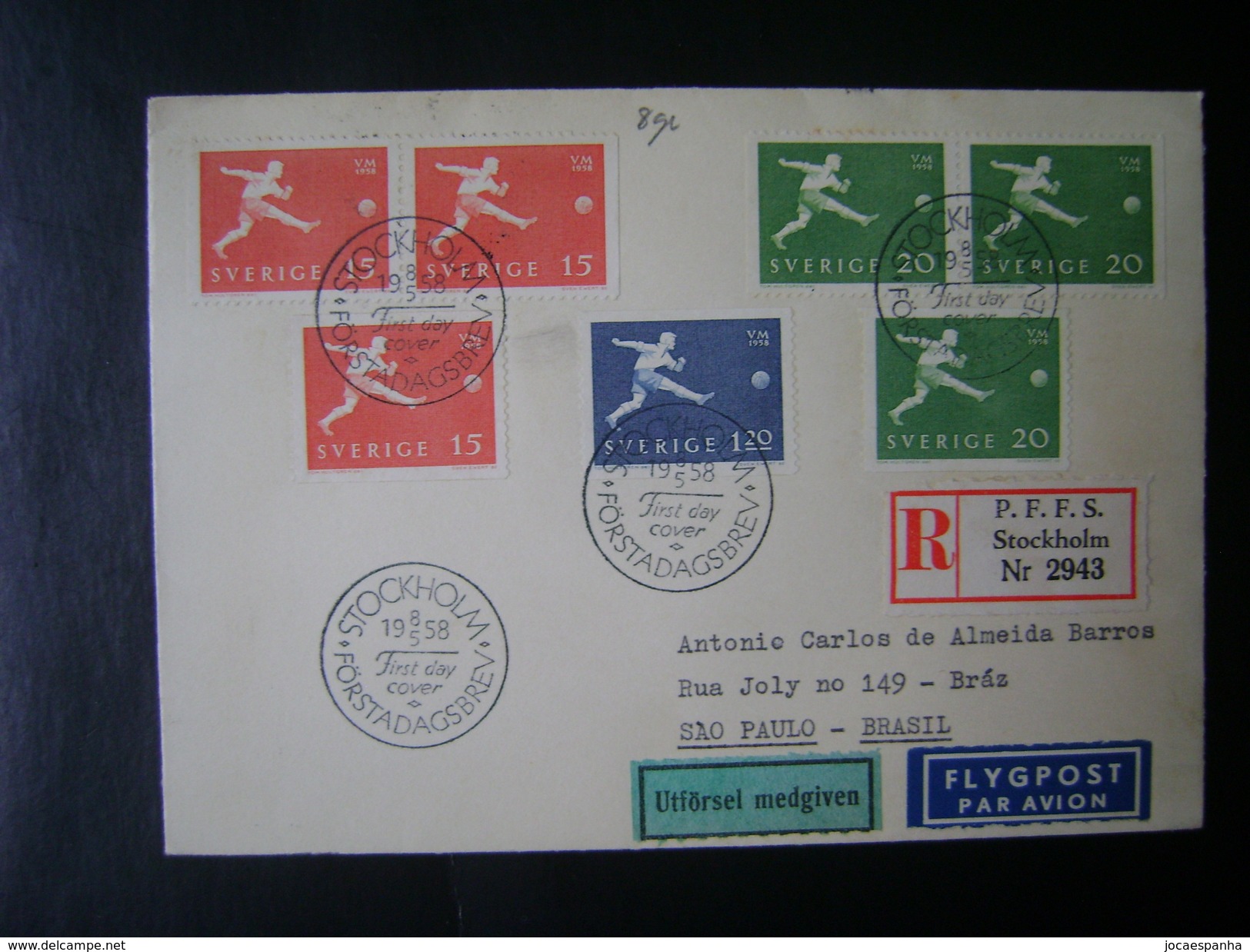 FOOTBALL WORLD CUP SWEDEN 1958 - LETTER SHIPPED FROM STOCKHOLM TO BRAZIL WITH SERIES AND STAMP FDC - 1958 – Schweden