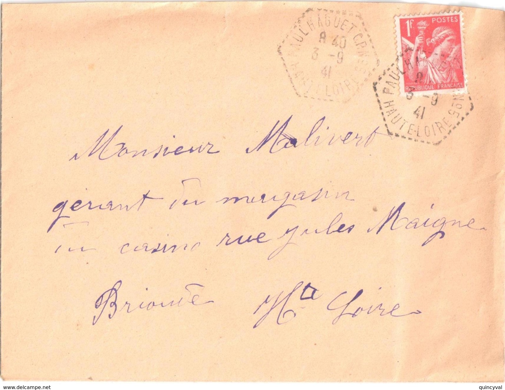 3872 PAULHAGUET CP N° 5 Haute Loire Lettre 1F Iris Rouge Ob 3 9 41 Yv 433 Ob Hexagone Poste Automobile Rurale Lautier G4 - Storia Postale