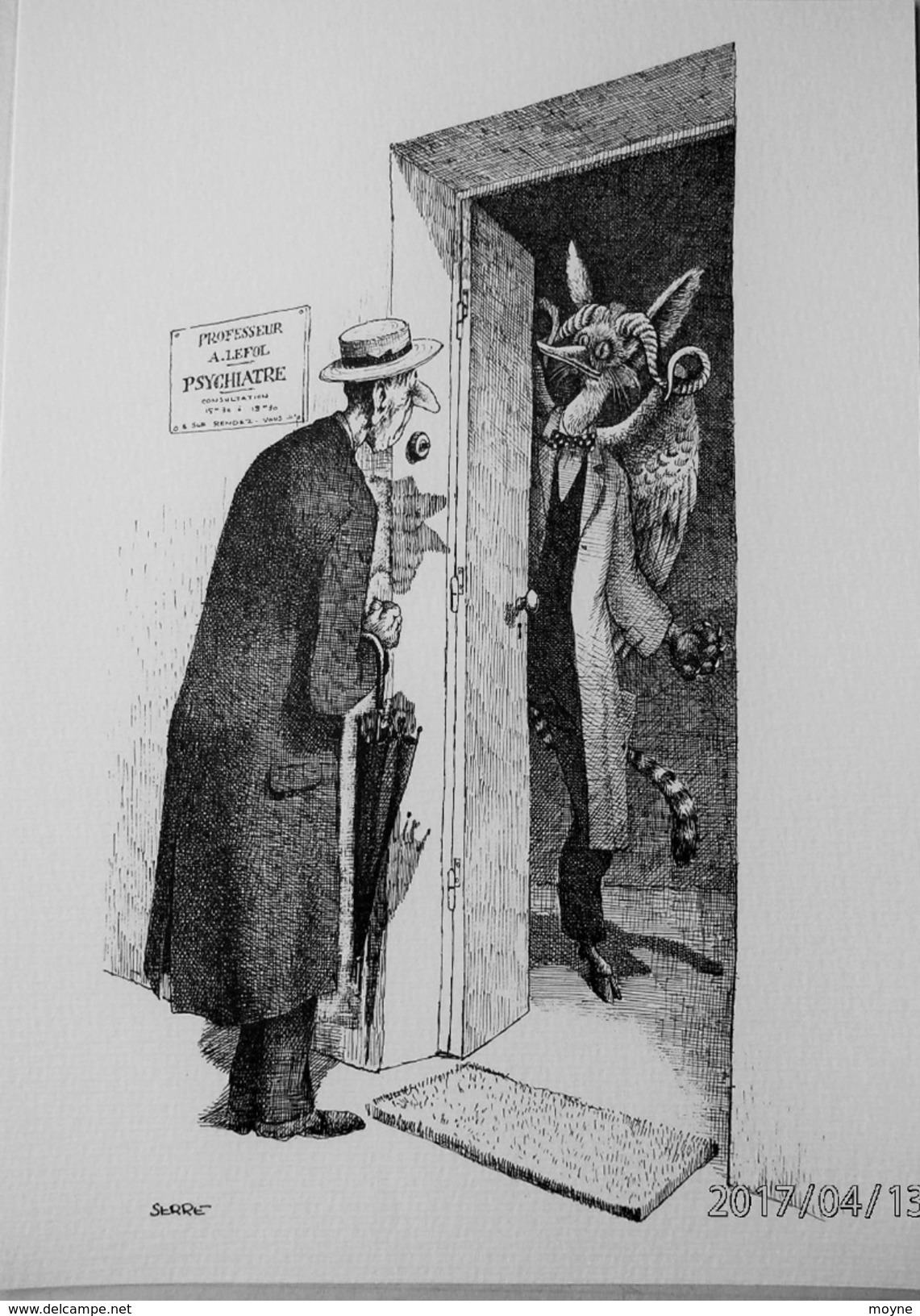 LITHOGRAPHIE- DESSIN   De Claude SERRE - MEDECINE "  CHEZ LE PSYCHIATRE   3   " Humour Noir Et Hommes En Blanc   * - Lithographies