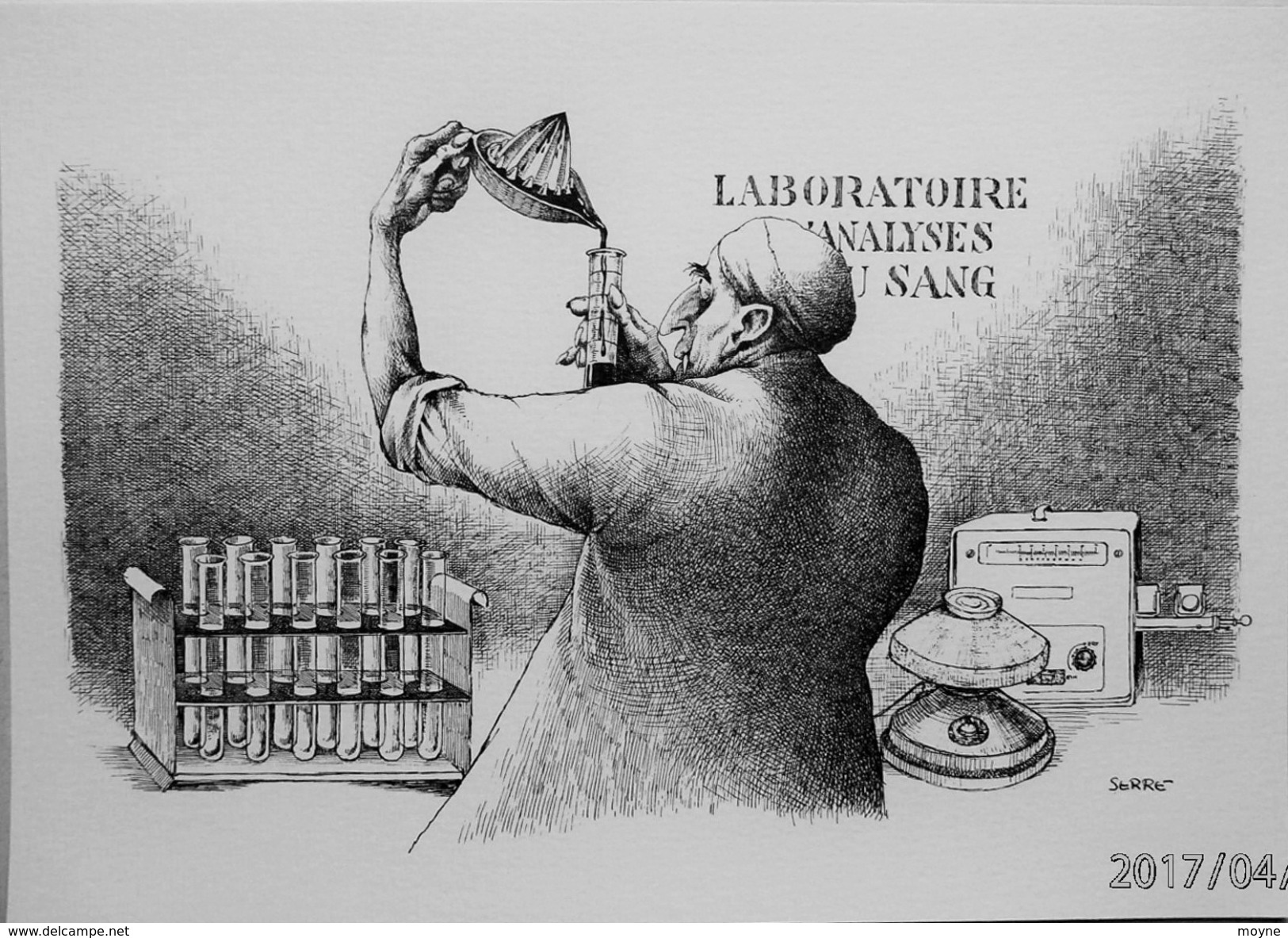 LITHOGRAPHIE- DESSIN   De Claude SERRE - MEDECINE " LABORATOIRE D'ANALYSES  " Humour Noir Et Hommes En Blanc   * - Lithographies