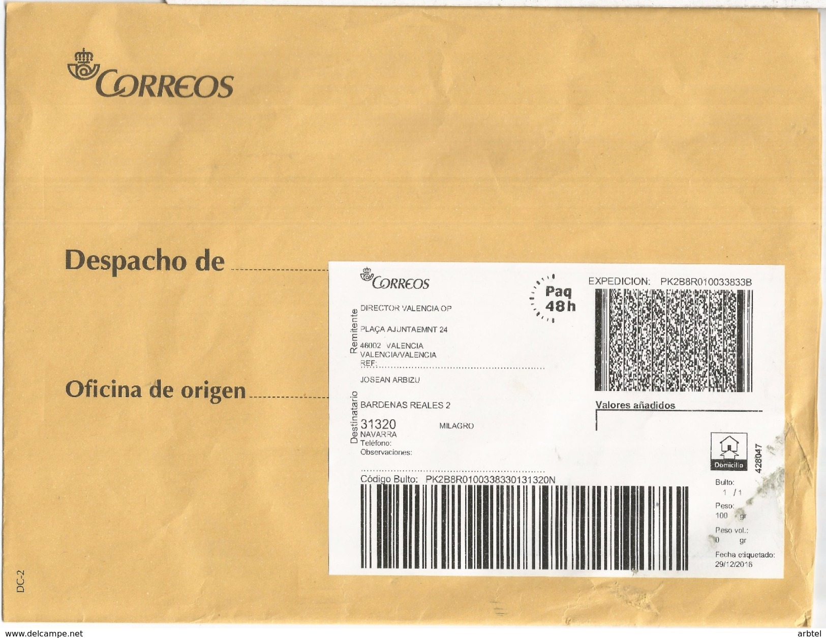 CC CON FRANQUICIA POSTAL CORREOS DE VALENCIA ETIQUETA LABEL PAQ48H - Portofreiheit