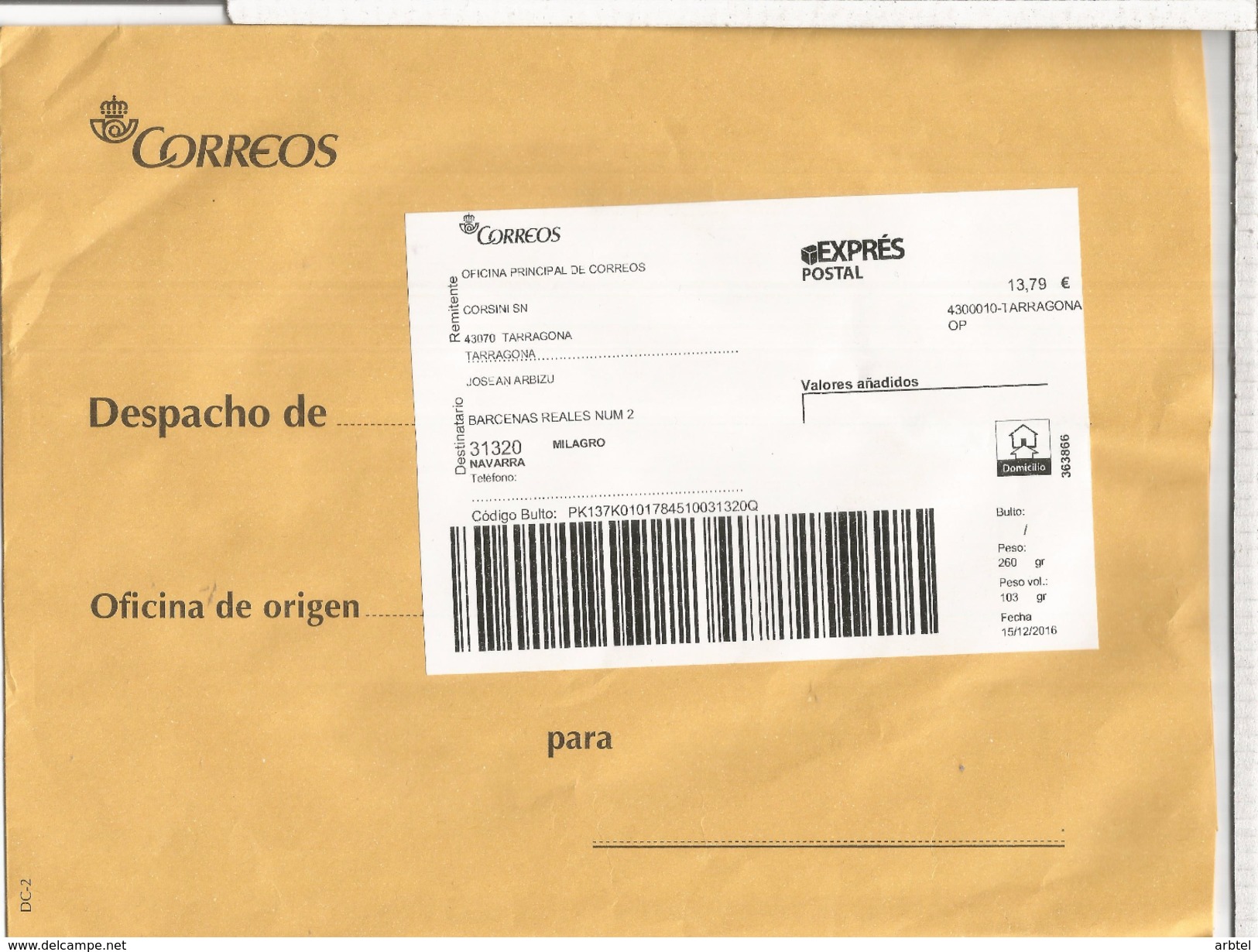 CC  CORREOS DE TARRAGONA ETIQUETA LABEL POSTAL EXPRESS - Exprès