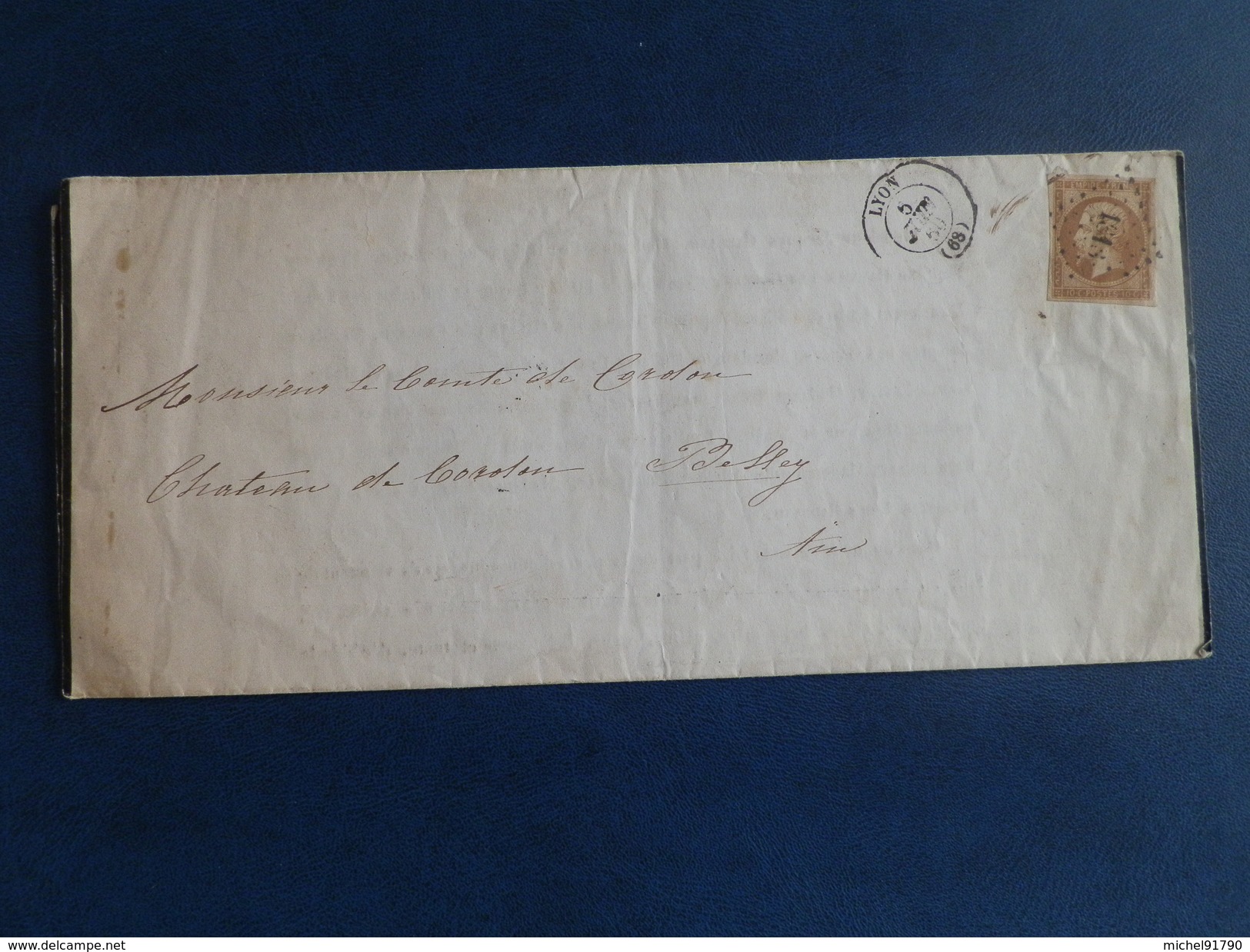 EMPIRE NON DENTELE 14 SUR LETTRE DE LYON A BELLEY DU 6 JUIN 1860 (PETIT CHIFFRE 1818) - 1849-1876: Classic Period