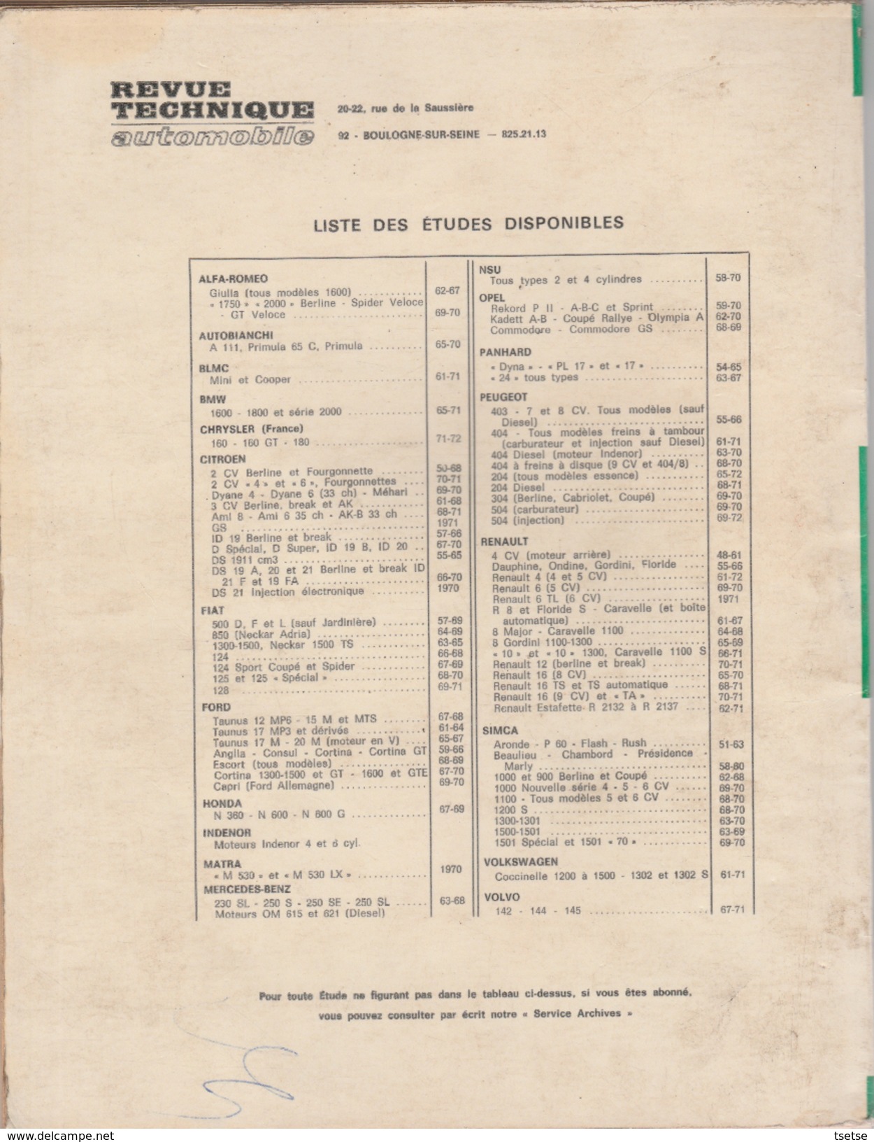 Revue Technique Automoblile ( RTA ) - Renault 8 " Gordini " - 1971 - Auto