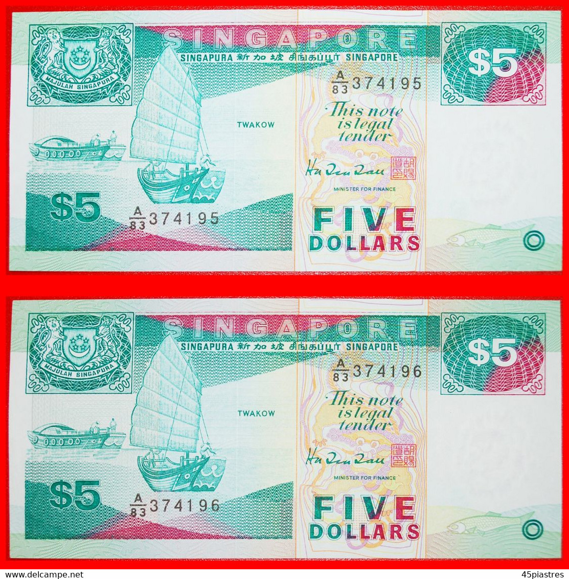 • SHIPS: SINGAPORE ★ 5 DOLLARS (1997)! UNC CRISP! 2 SEQUENCE NUMBERS! LOW START &#x2605; NO RESERVE! - Singapour