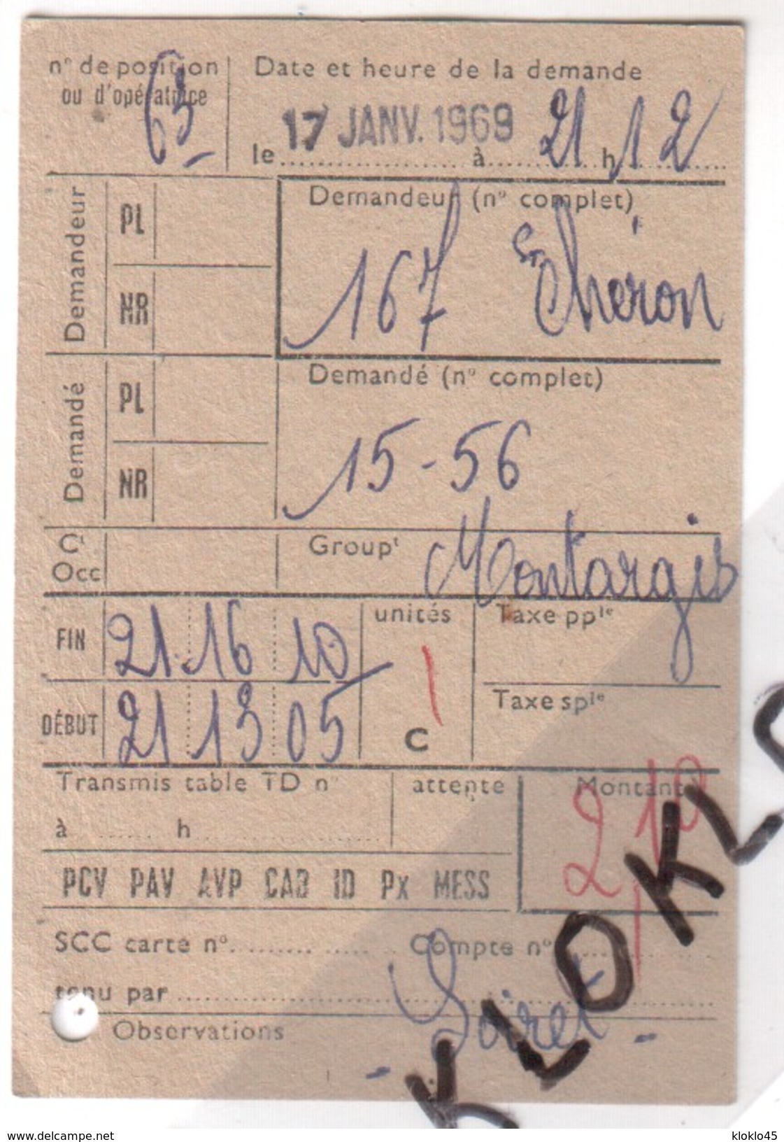 Téléphone - Reçu Ticket D'une Communication Téléphonique Individuelle En 1969 Remplie Par Une Standardiste à St Chéron - Other & Unclassified