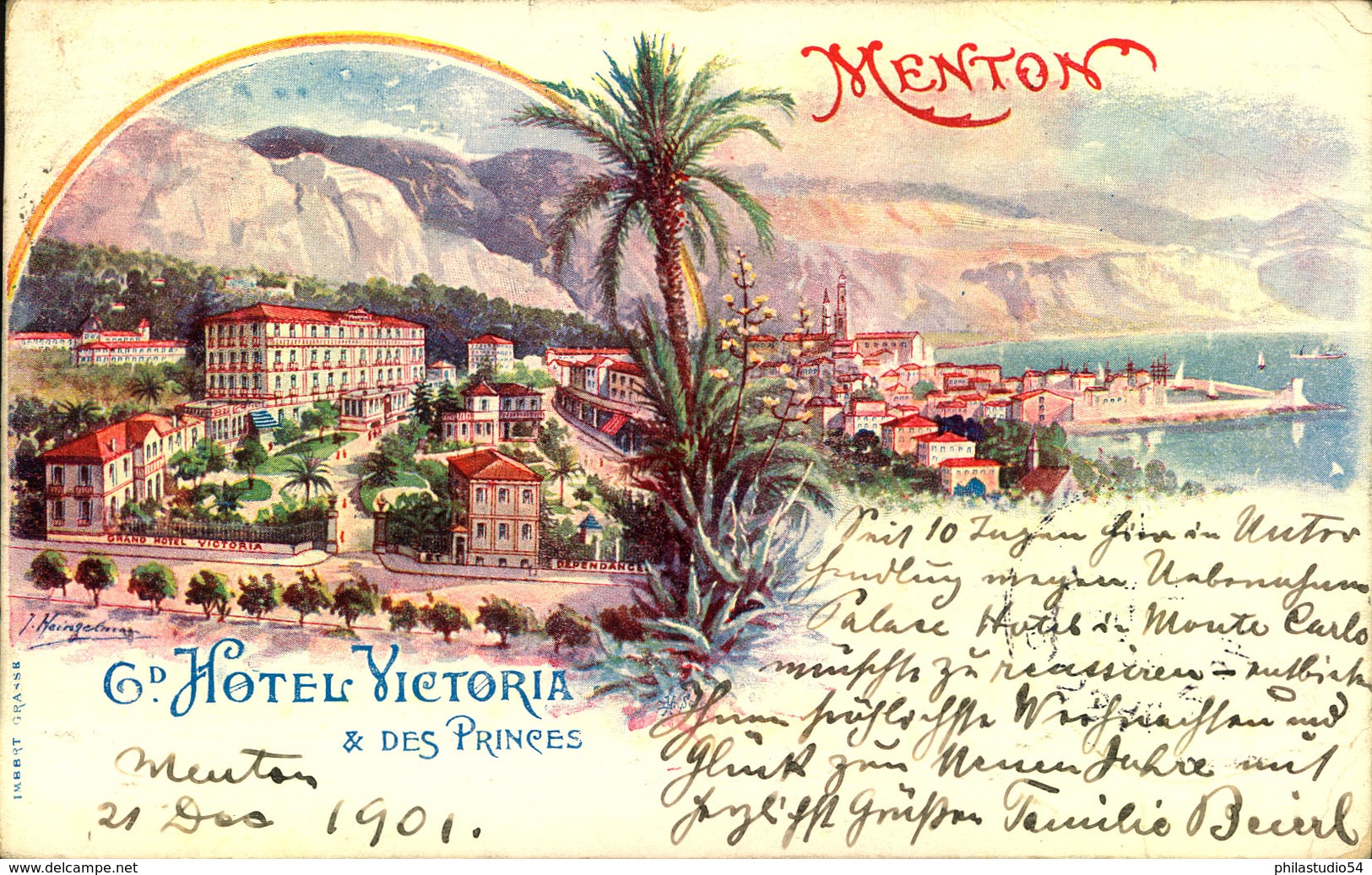 1901, Ppc "Grand Hotel Victoria & Des Princes" Menton Sent To Passau - Hotels