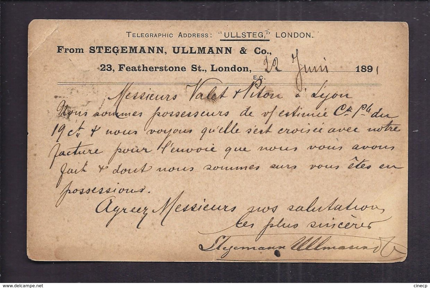 CPA PRECURSEUR ENTIER POSTAL 1891 CARTE COMMERCIALE STEGEMANN ULLMANN & Co. Vers Lyon - Stamped Stationery, Airletters & Aerogrammes