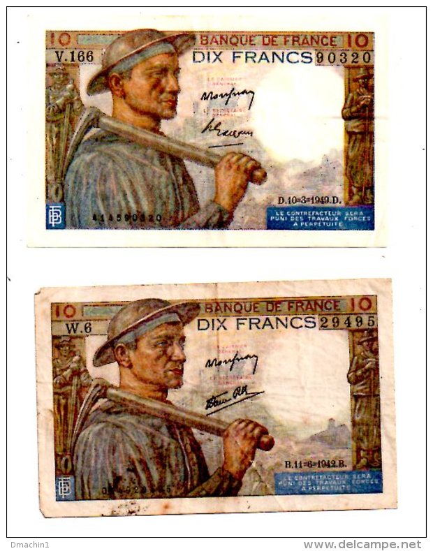 Un Lot De 2 Billets De 10 Francs -voir état - 10 F 1941-1949 ''Mineur''