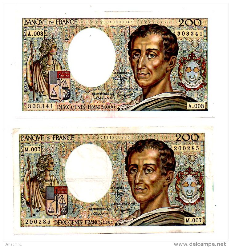 Un Lot De 2 Billets De 200 Francs-"Montesquieu"  -voir état - 200 F 1981-1994 ''Montesquieu''