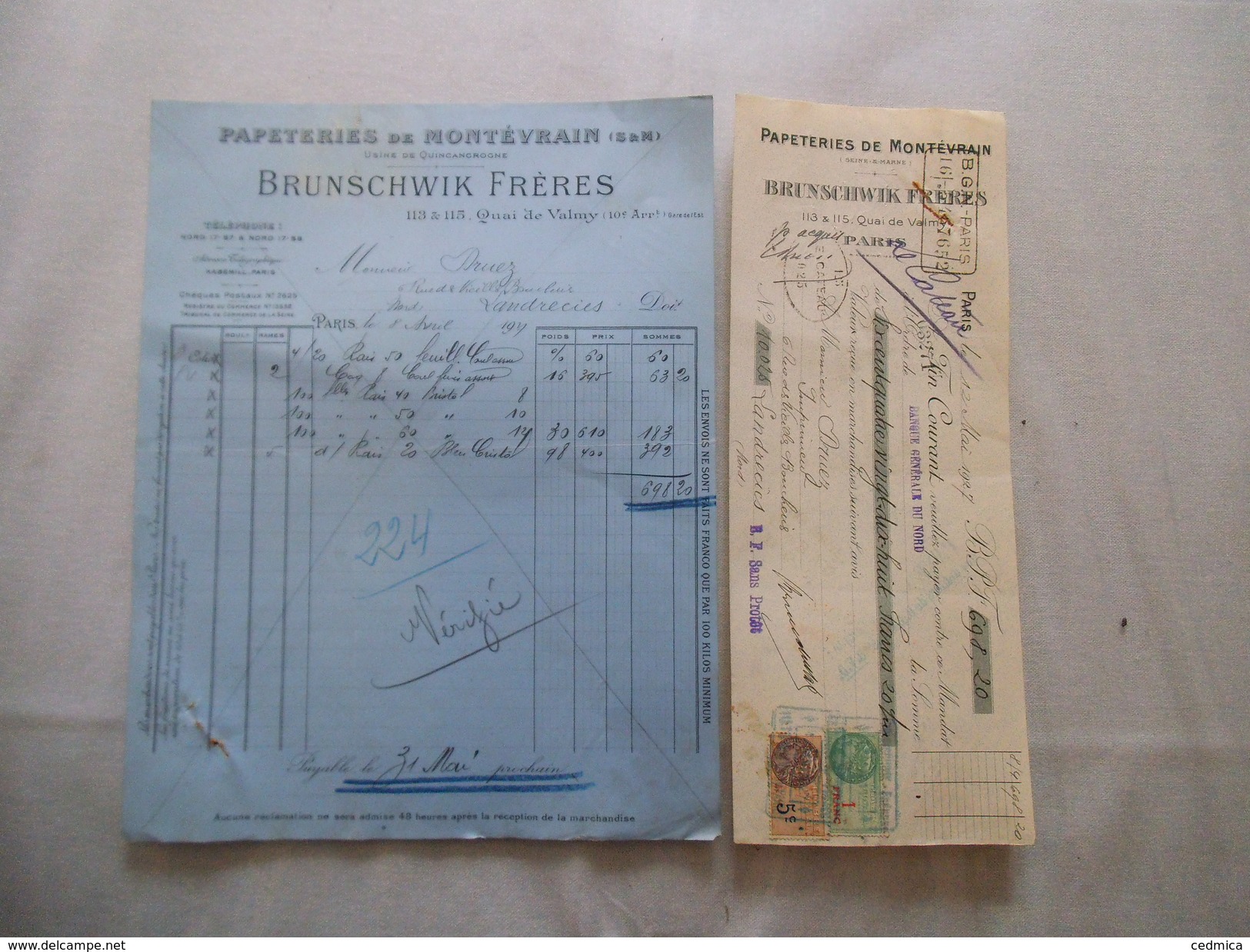 PAPETERIES DE MONTEVRAIN SEINE ET MARNE BRUNSCHWIK FRERES FACTURE ET TRAITE DU 8 AVRIL 1927 ET 12 MAI 1927 - Imprimerie & Papeterie