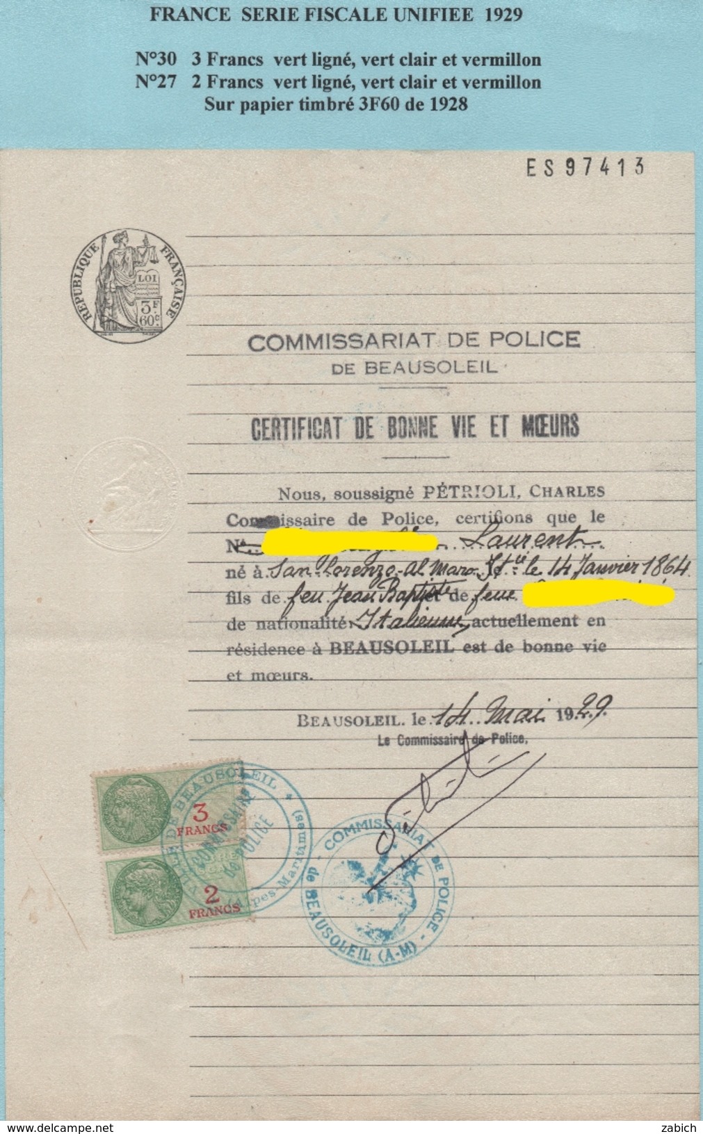 FISCAUX DE FRANCE  1929 Série Fiscale Unifiée N° 30  3F Vert Et 27 2F Vert Sur Papier Timbre 3F60 Filigrane 1928 - Autres & Non Classés