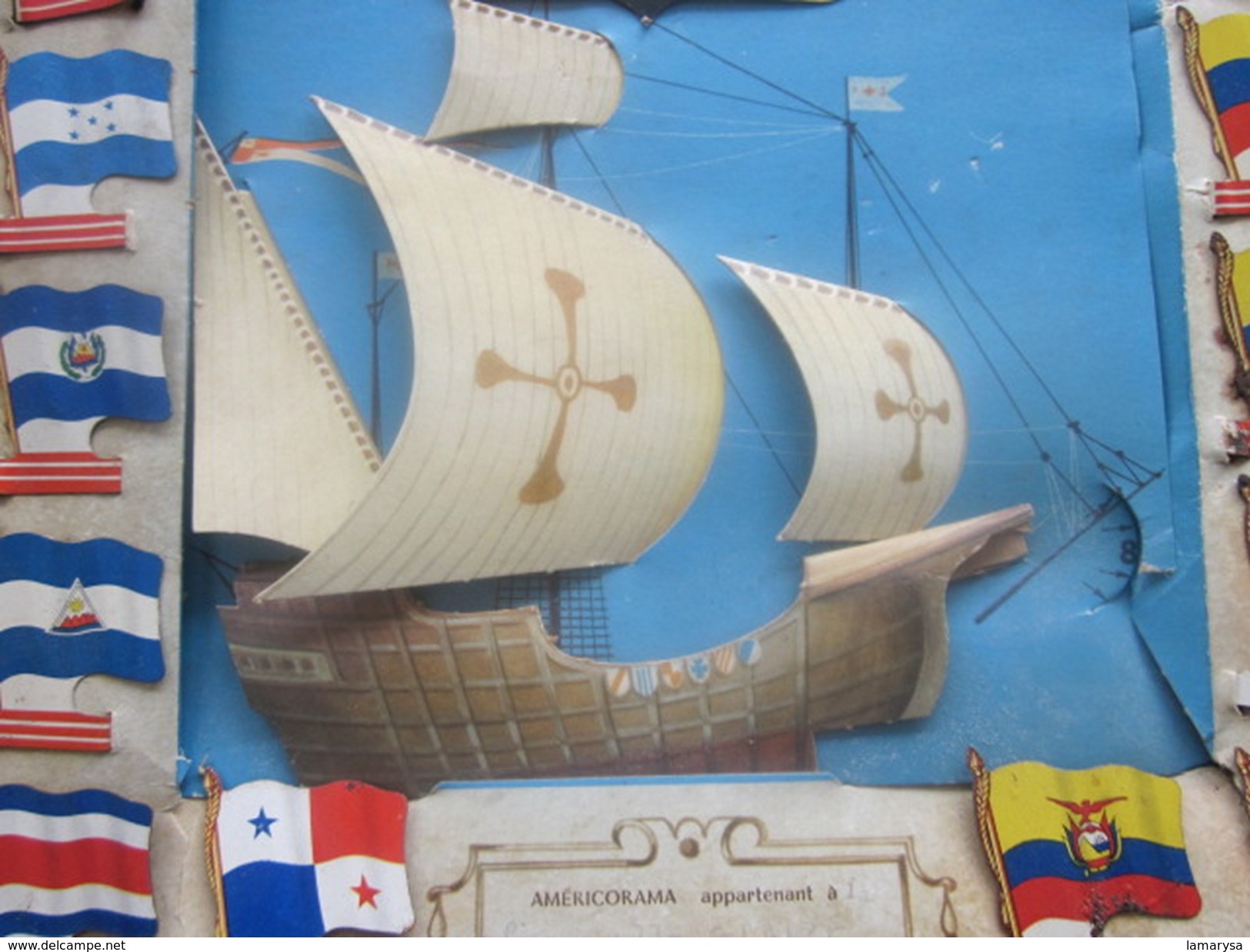 VINTAGE DRAPEAURAMA AMÉRIQUE AMERICORAMA Jeu Complet,Drapeau Tôle+Bateau+Grd Pavois Christophe Colomb Biscuit Alsacienne