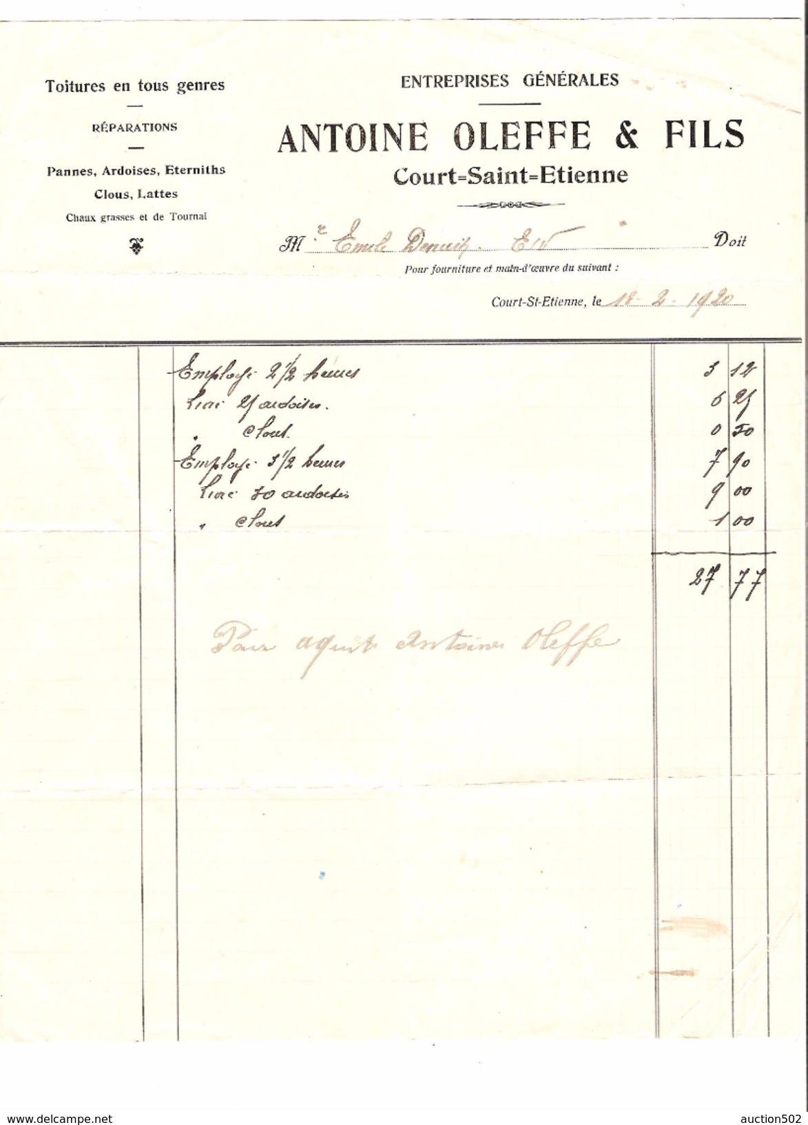 Facture Antoine Oleffe & Fils à Court-Saint- Etienne En 1920 Entreprises Générales PR4444 - 1900 – 1949