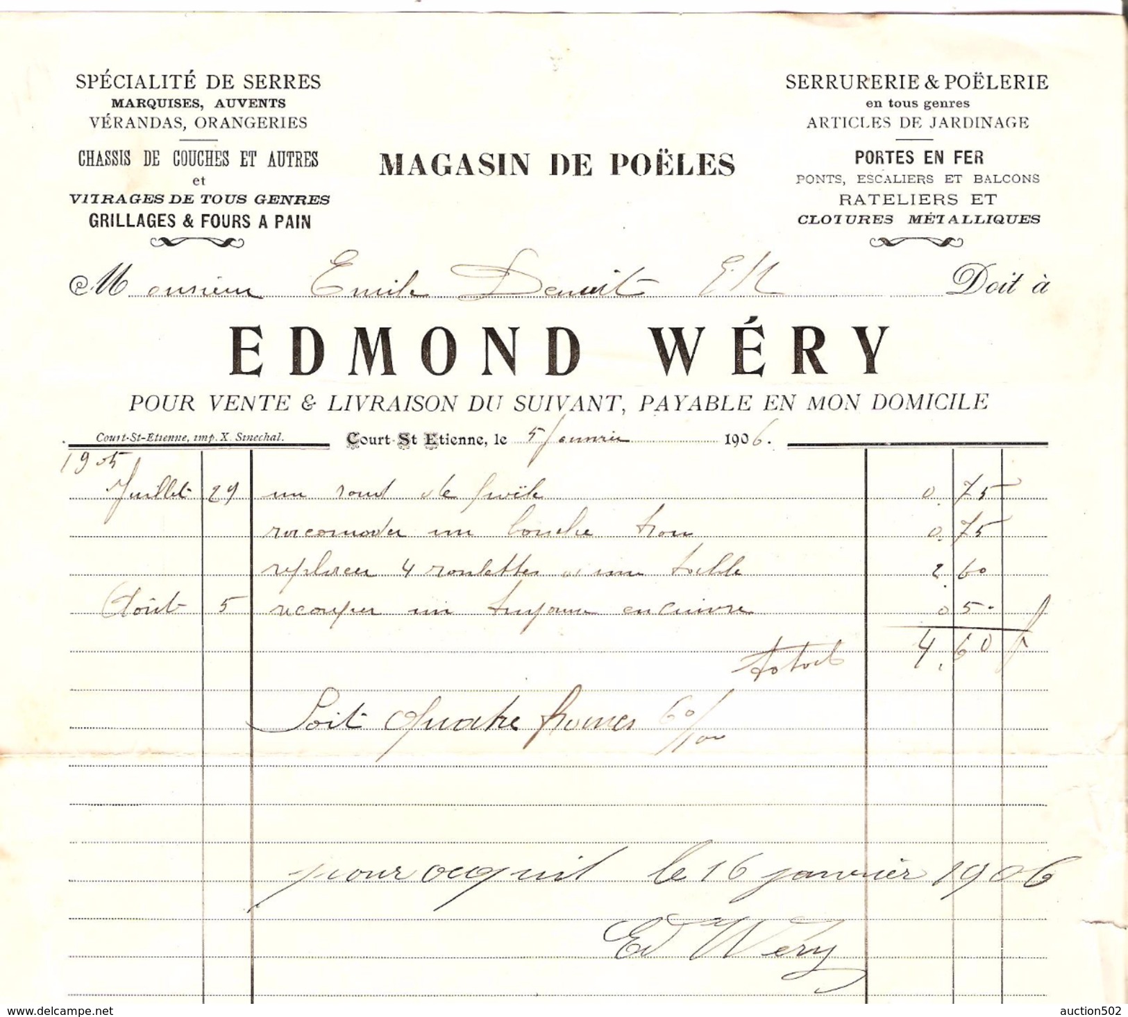 Facture Edmond Wéry à Court-Saint- Etienne En 1906 Magasin De Poëles PR4445 - 1900 – 1949