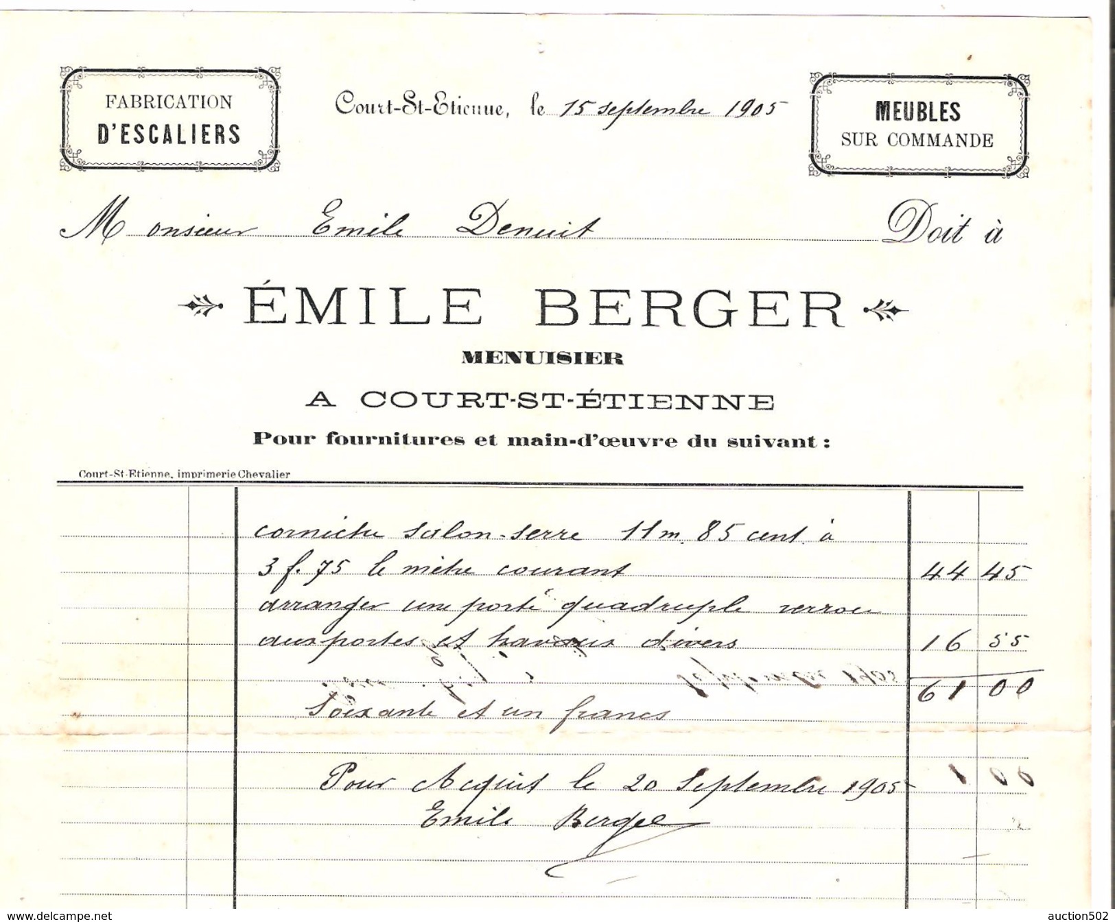 Facture Emile Berger à Court-Saint- Etienne Menuisier En 19052 PR4446 - 1900 – 1949