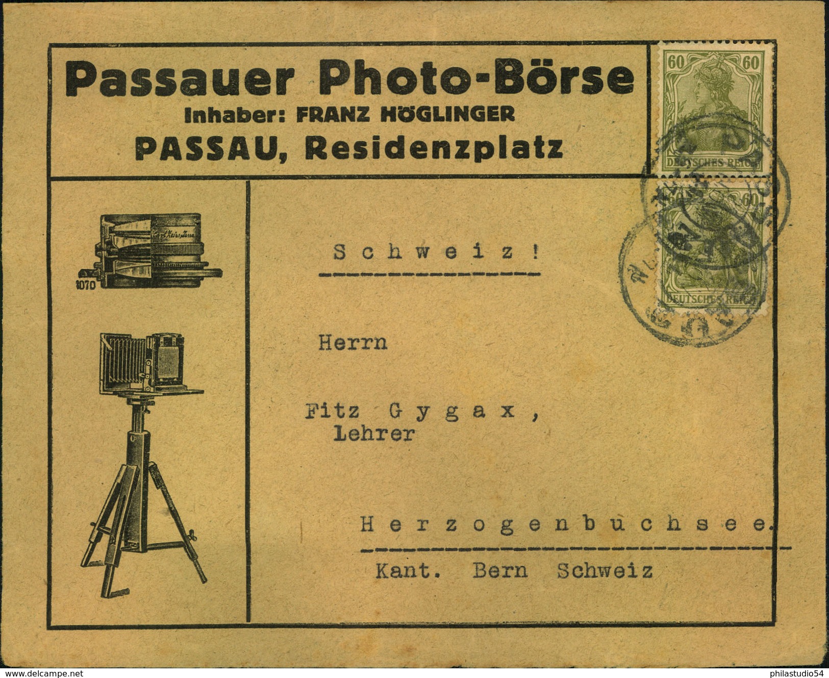 1921, Dekorativer Werbeumschlag ""Passauer Photo-Börse"" Mit 2-mal 60 Pfg. Germania - Fotografie