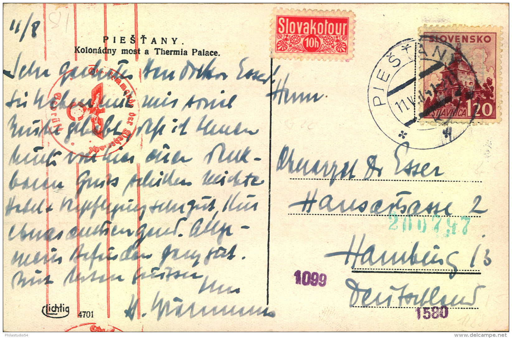 1941, Ppc PIESTANY Franked With 1,20 K And Censor To Hamburg - Sonstige & Ohne Zuordnung