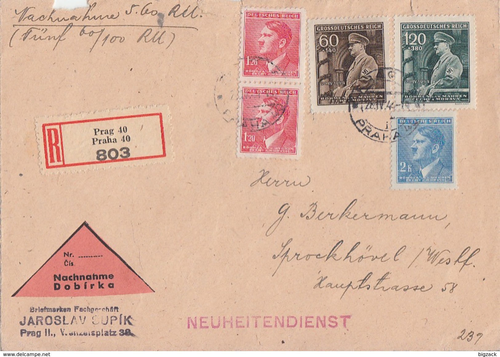 Böhmen Und Mähren NN-R-Brief Mif Minr.2x 96,99,136,137 Prag 28.4.44 - Briefe U. Dokumente