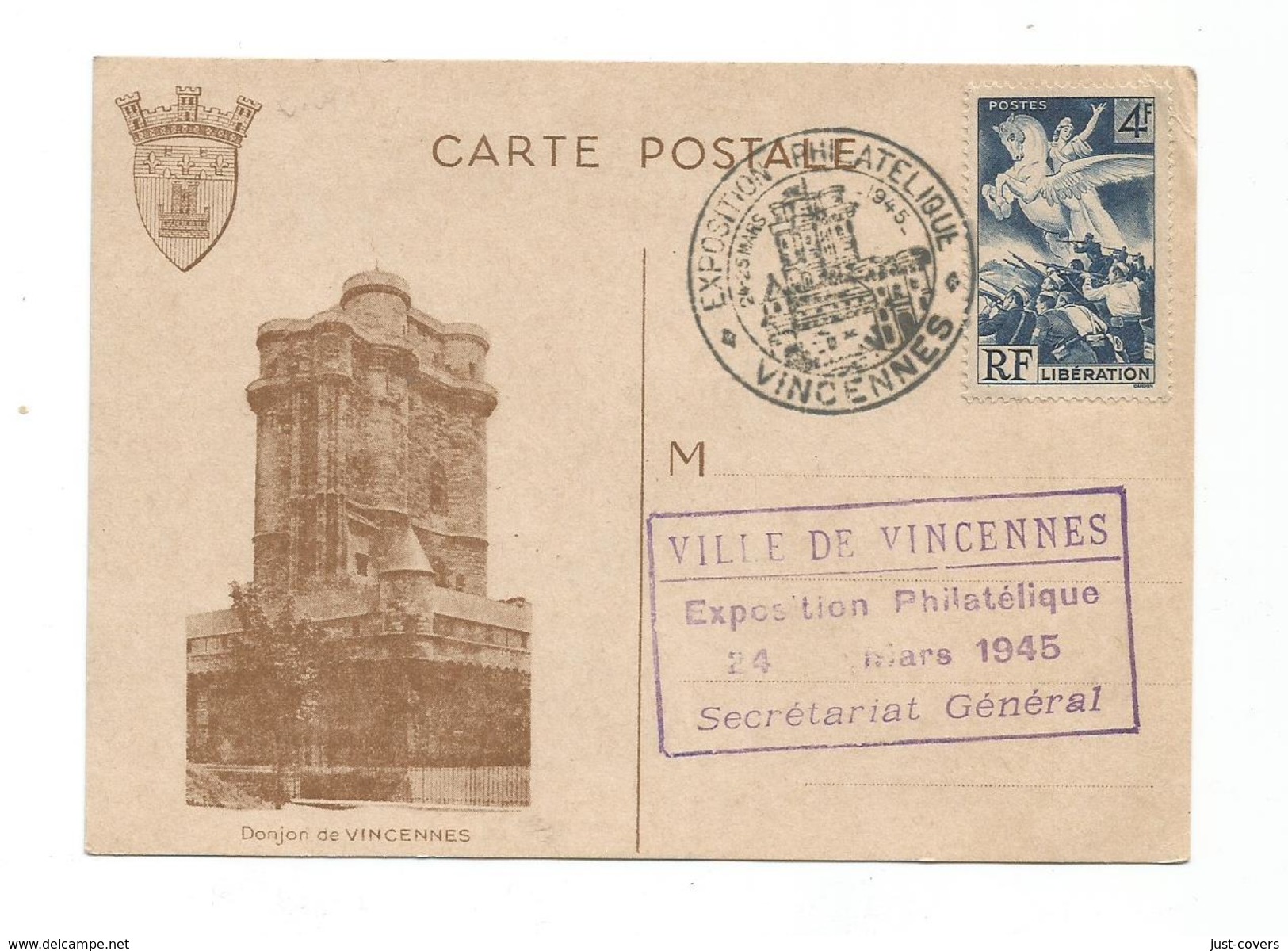 France: Scott # 503 Vincennes Philatelique Exposition 1945 Canel On Post Card. Very Fine - Other & Unclassified