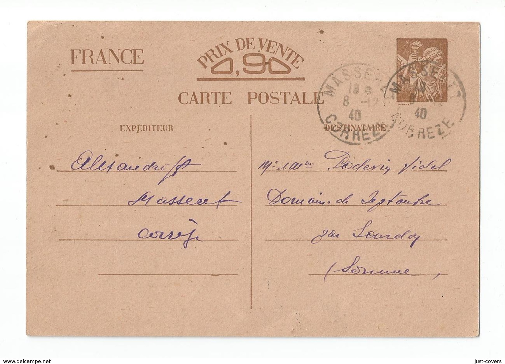 France: Masseret Cancel 1940 On Postal Card. Very Fine - Sonstige & Ohne Zuordnung