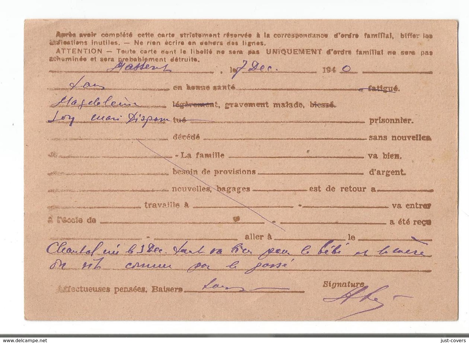 France: Masseret Cancel 1940 On Postal Card. Very Fine - Sonstige & Ohne Zuordnung