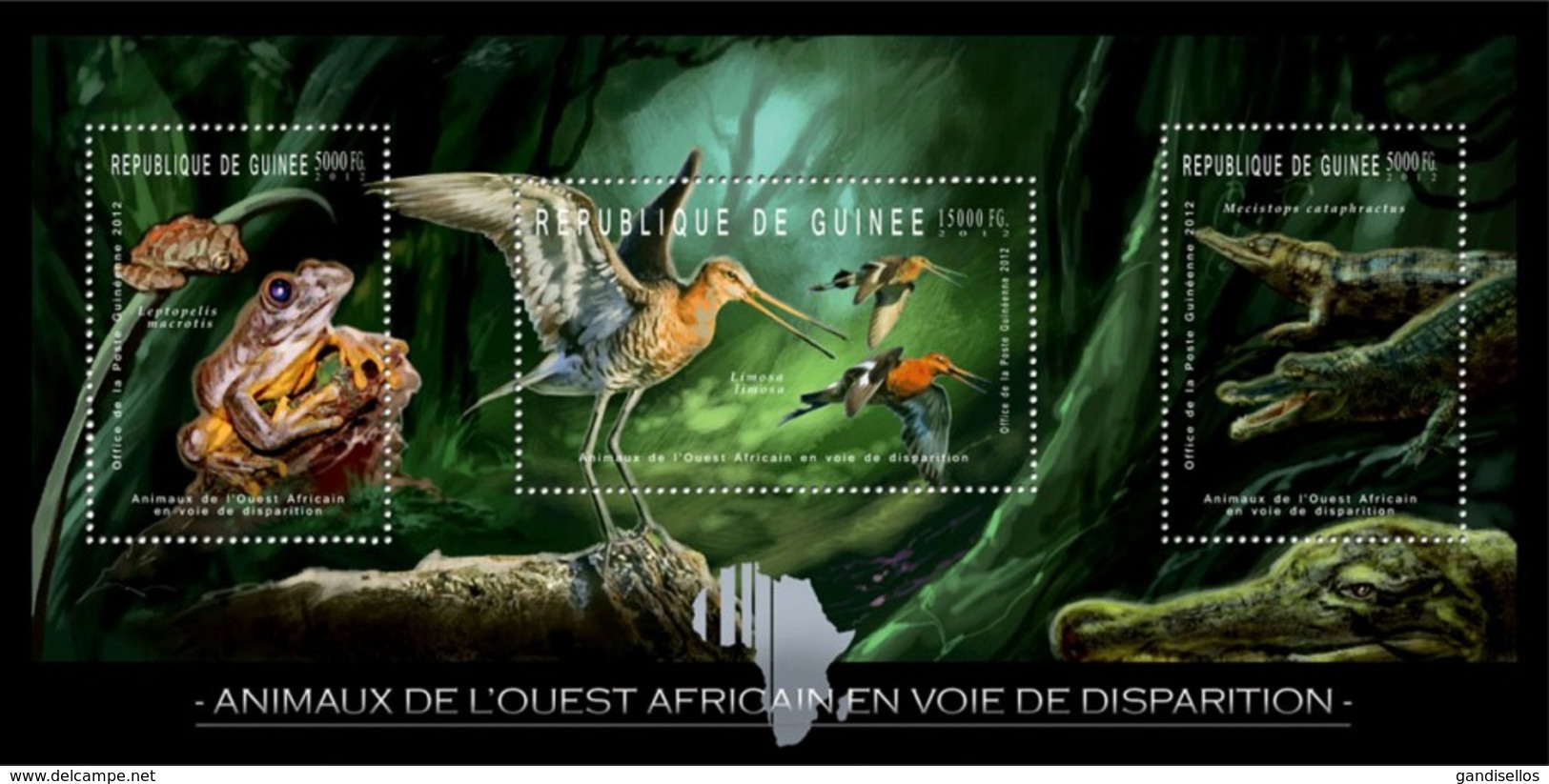 GUINEA 2012 SHEET ENDANGERED WEST AFRICAN ANIMALS BIRDS OISEAUX FROGS GRENOUILLES CROCODILES REPTILES WILDLIFE Gu12217a - Guinea (1958-...)