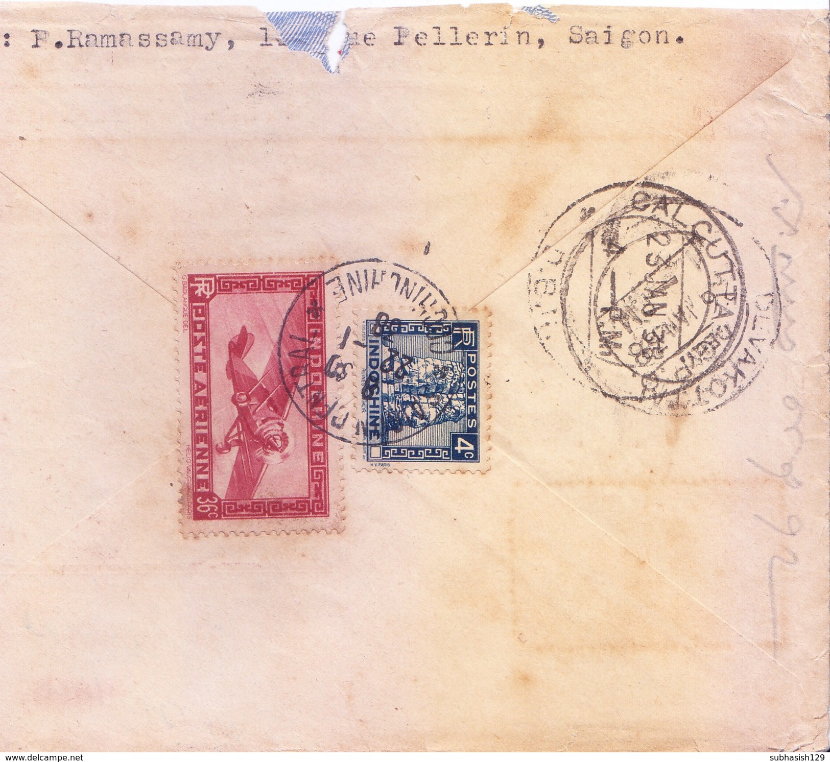 INDOCHINE 1938 AIRMAIL COVER, SAIGON TO SOUTH INDIA VIA MADRAS, UPTO TO CALCUTTA VIA AIR FRANCE - TORN CONDITION - Luchtpost