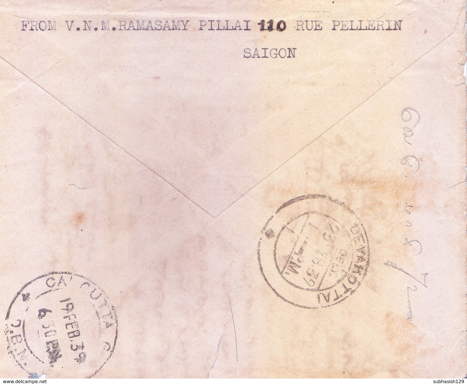 INDOCHINE 1938 AIRMAIL REGD. COVER, SAIGON TO SOUTH INDIA VIA MADRAS, UPTO TO CALCUTTA VIA AIR FRANCE - TORN CONDITION - Luchtpost