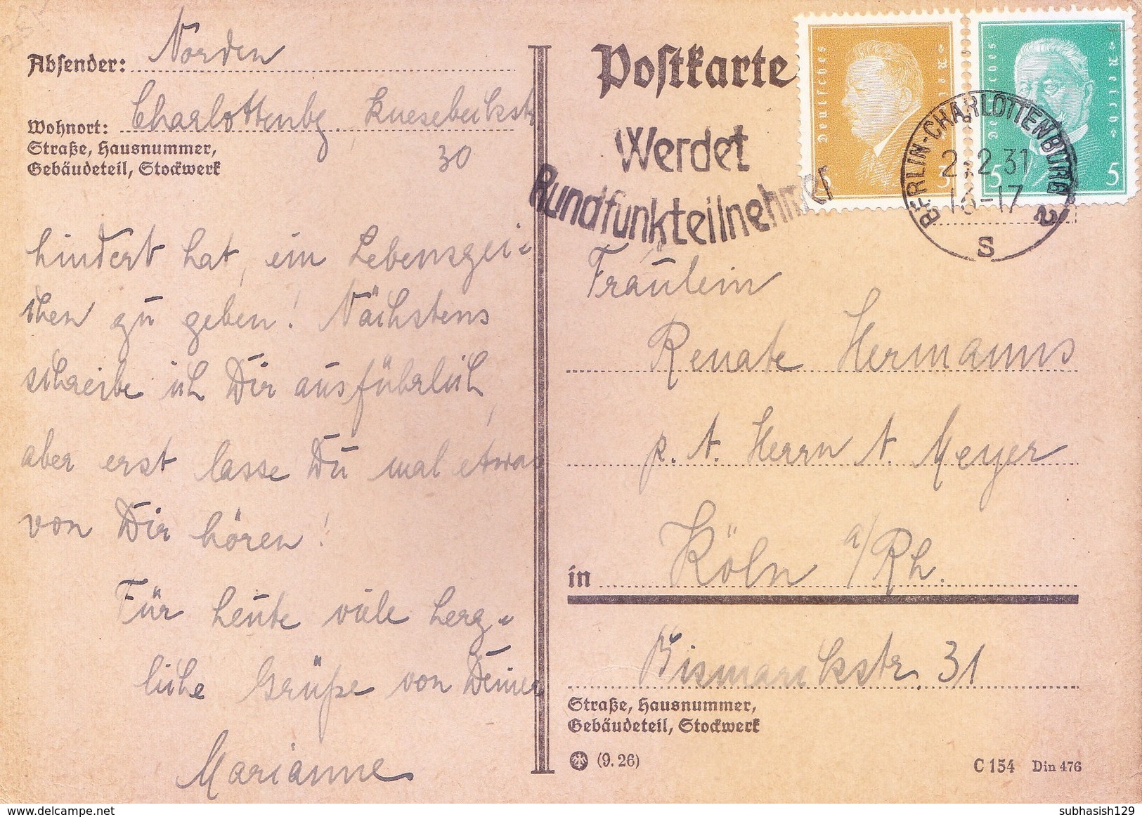 GERMANY, REICH 1931 POST CARD POSTED FROM BERLIN CHARLOTTENBURG 2 WITH SLOGAN CANCELLATION - DOLTFARTE WERDET - Covers & Documents