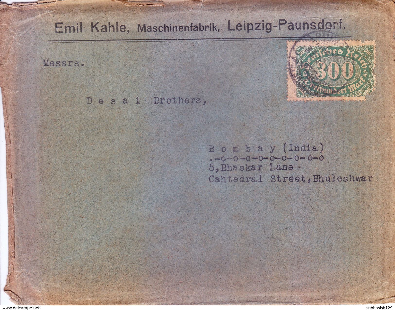 GERMANY 1923 COMMERCIAL COVER - POSTED FROM PAUNSDORF FOR INDIA - Covers & Documents