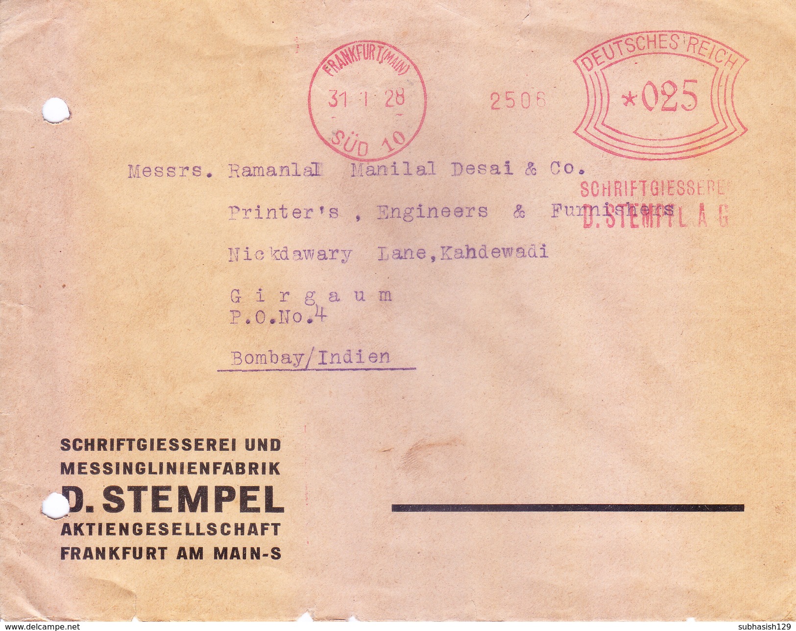 GERMANY 1928 COMMERCIAL COVER POSTED FROM FRANKFURT FOR INDIA WITH METER FRANKING - Covers & Documents