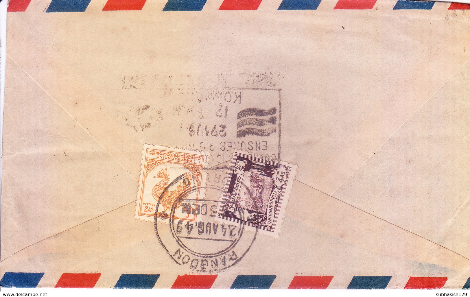 MYANMAR / BURMA 1949 COMMERCIAL COVER POSTED FROM RANGOON FOR INDIA WITH SURFACE MAIL MARKING - Myanmar (Burma 1948-...)