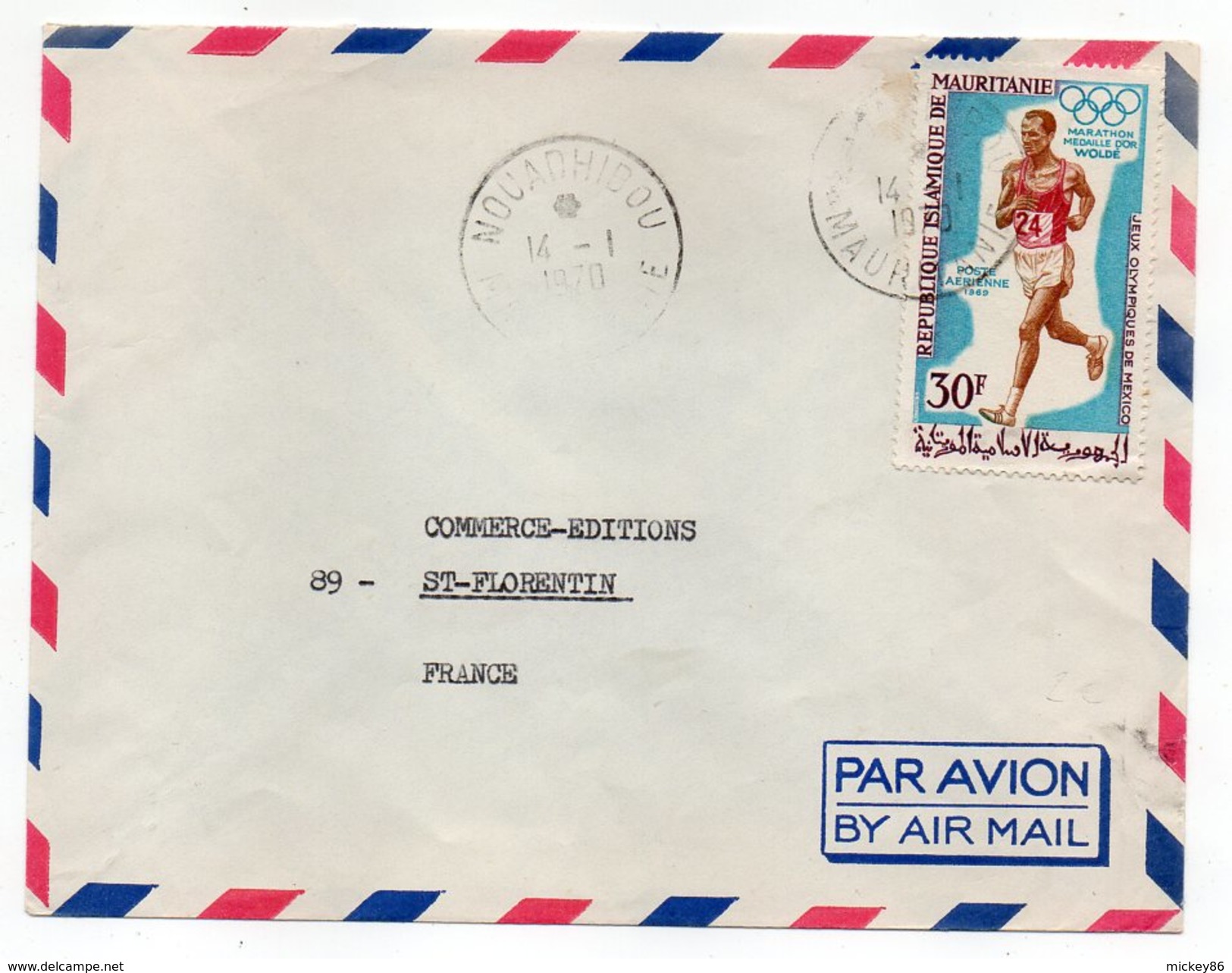 Mauritanie-1970-lettre De NOUADHIBOU Pour St FLORENTIN-89--tp JO Mexico Seul Sur Lettre ...... à Saisir - Mauritanie (1960-...)