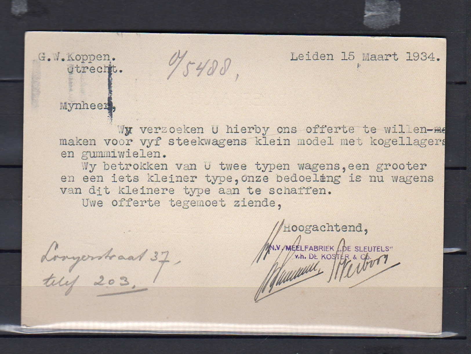 1934 Meelfabriek De Sleutels De Koster & Co Leiden  > Rollend Materieel Oude Gracht 387 Utrecht  (eg28) - Cartas & Documentos