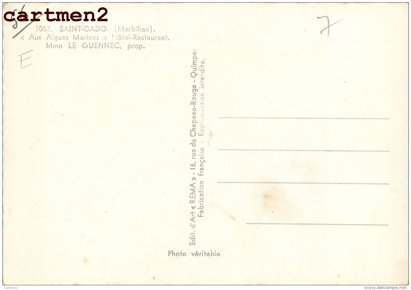 SAINT-CADO " AUX ALGUES MARINES " HOTEL RESTAURANT MADAME LE GUENNEC AUTOMOBILE 56 MORBIHAN BRETAGNE - Andere & Zonder Classificatie