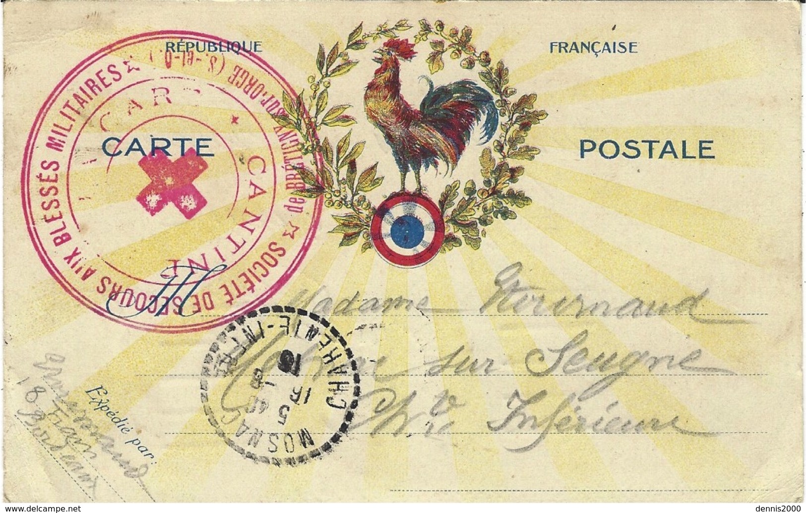 1916- WWI - CPFM Avec Coq  Encadré  Couleurs + Cachet " Société De Secours Aux Blessés ... / De Brétigny-s-Orge - Lettres & Documents