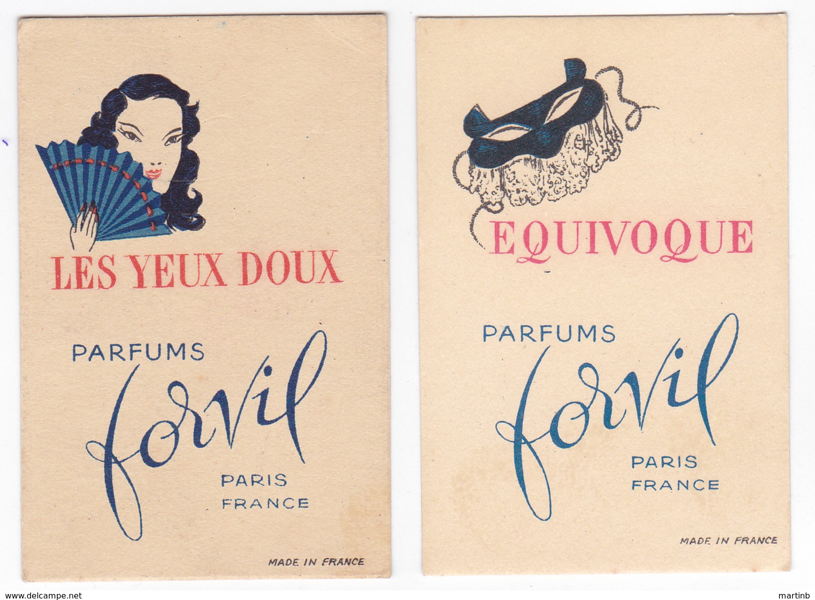 2 Petites Cartes PARFUMS FORVIL  Equivoque - Les Yeux Doux - Vintage (until 1960)