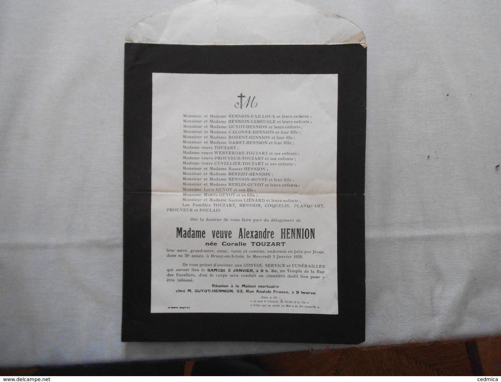 BRUAY EN ARTOIS MADAME VEUVE ALEXANDRE HENNION NEE CORALIE TOUZART LE 2 JANVIER 1929 DANS SA 78e ANNEE 53 RUE ANATOLE FR - Décès