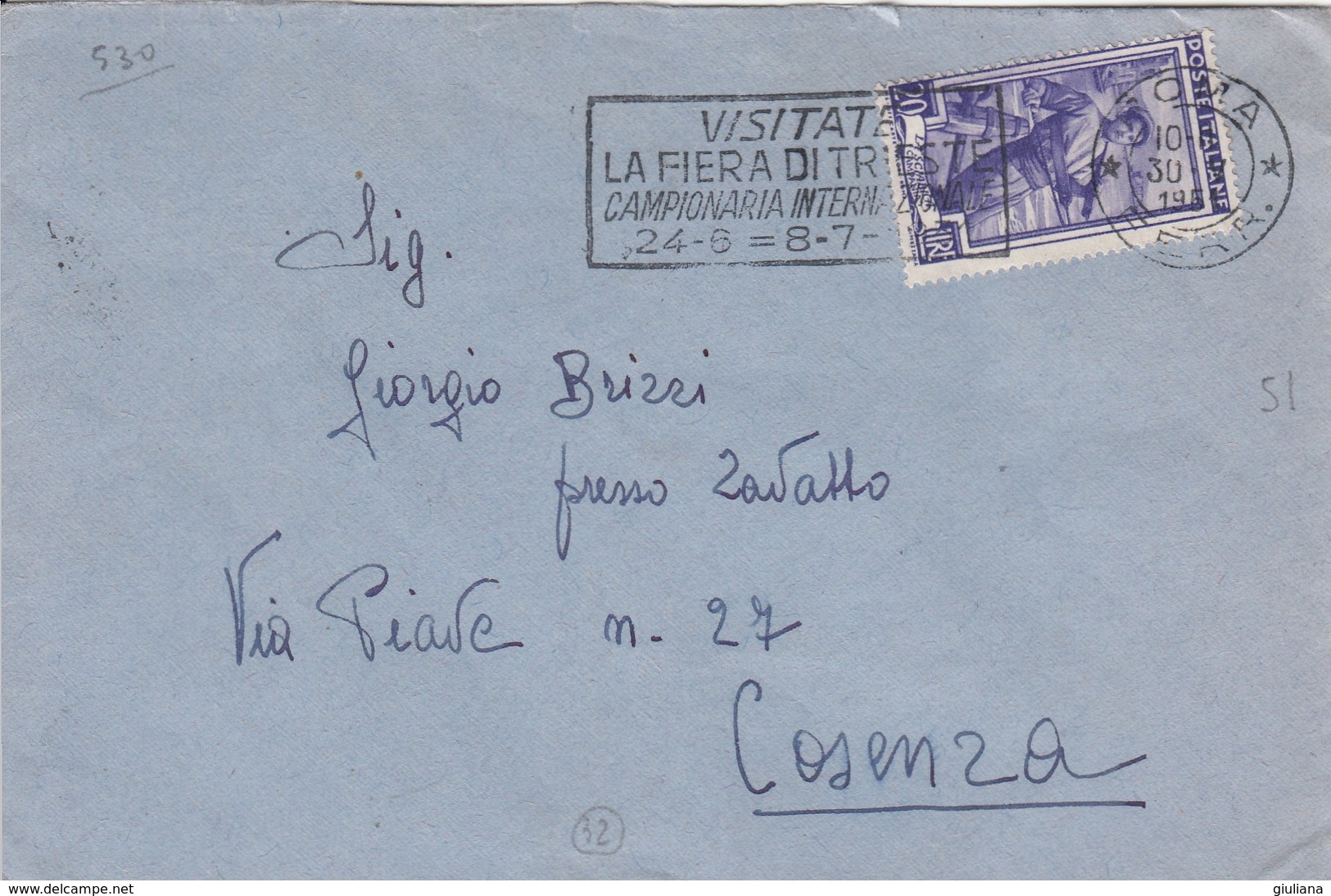 Italia Rep. 1954 -  Busta Da Roma X Cosenza Del 30/9/54 Affrancata Con L. 20 Italia Al Lavoro - 1946-60: Storia Postale