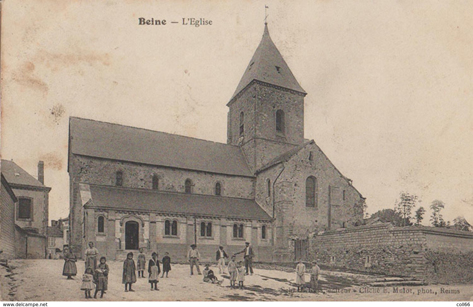 51 Beine 1907 L'église  TB Animée écuries Pub Byrrh éditeur Collection Schaafs-Luss Beine Cliché Mulot à Reims - Autres & Non Classés