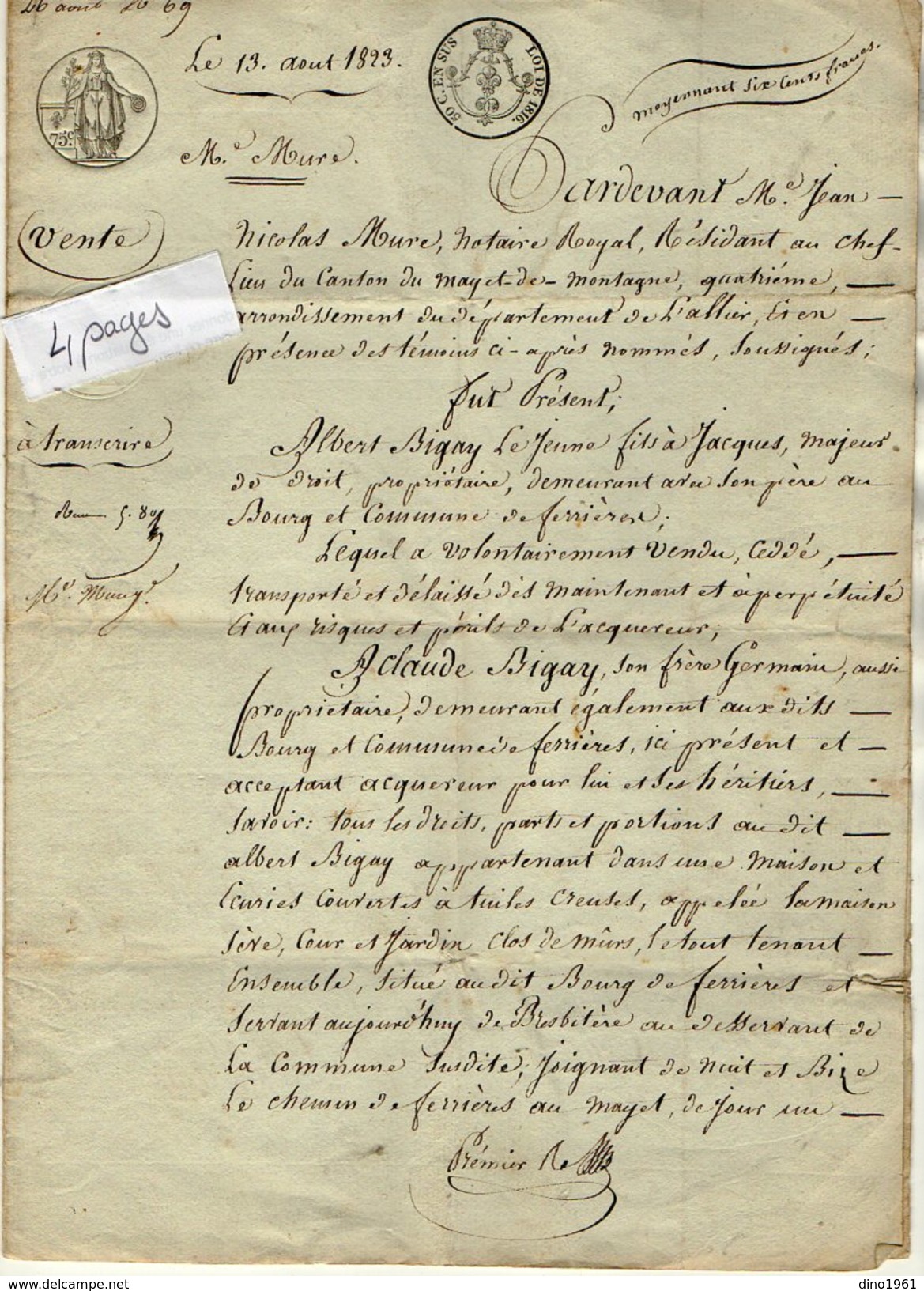 VP9803 - LE MAYET DE MONTAGNE - Acte De 1823 - Entre A. BIGAY & C.BIGAY Vente De Droits Sur Une Maison Situé à FERRIERES - Manuscrits